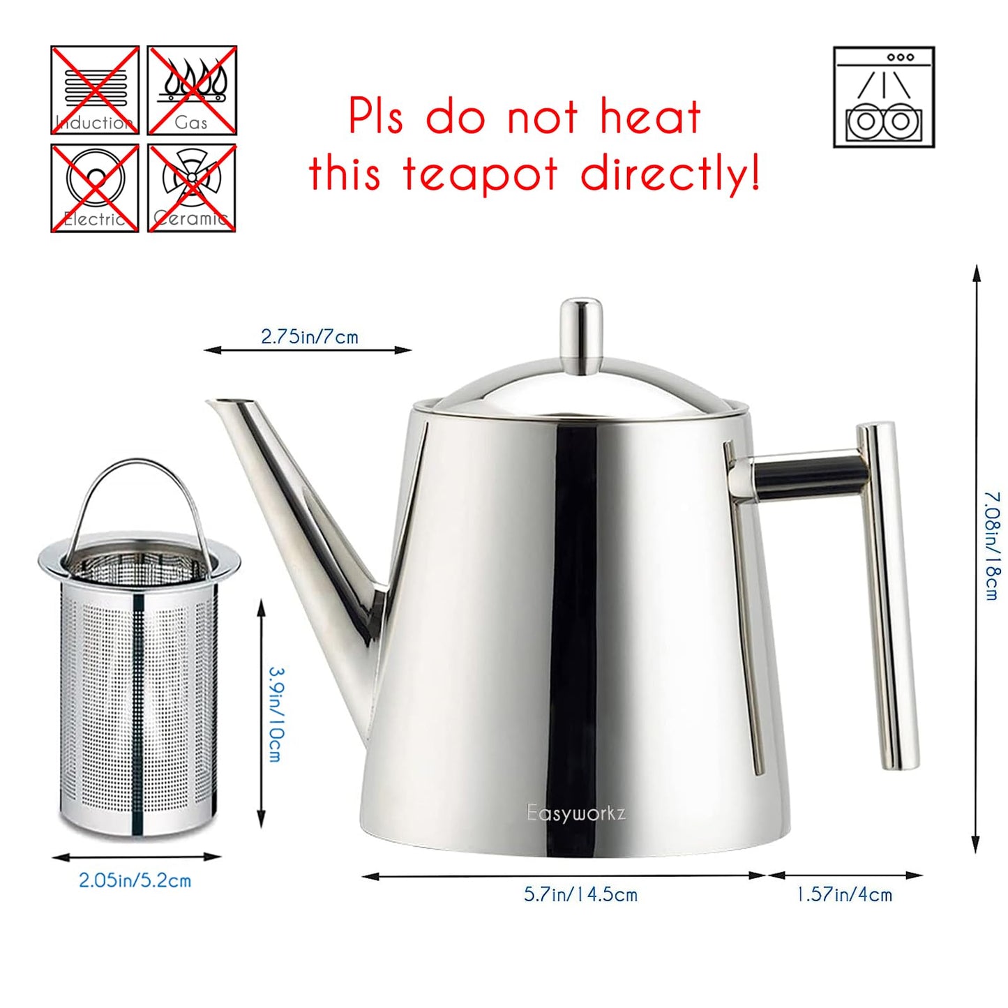Easyworkz Stainless Steel Double Wall 34 oz (1000ml) Tea Pot with Removable Tea Infuser, Perfect for Brewing Your Favorite Tea, Chrome