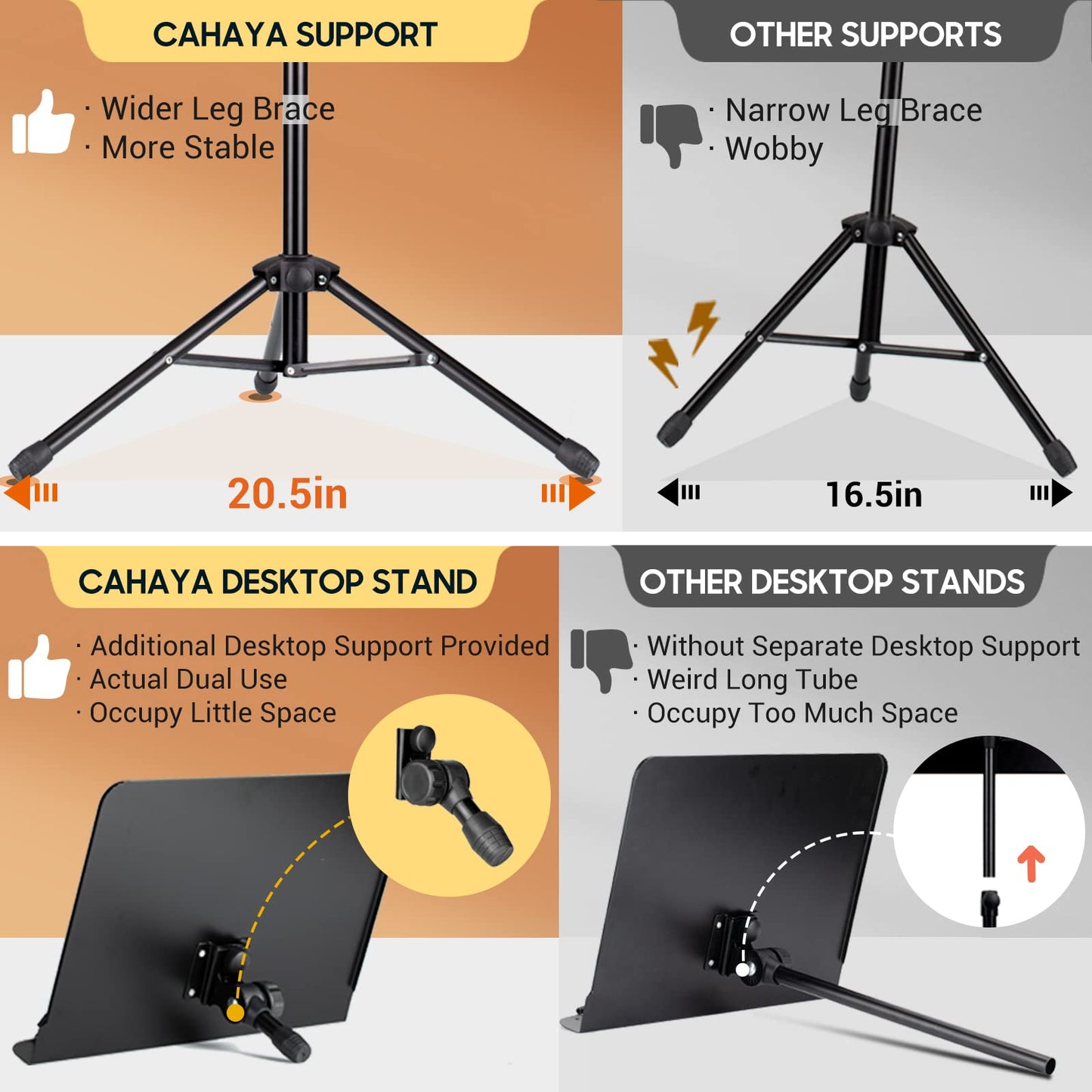 CAHAYA Dual Use Sheet Music Stand with Clamp-on Tray & Desktop Book Stand Including Music Stand with Shelf, Sheet Music Folder, Carrying Bag,and Clip for Guitar, Ukulele, Violin Players CY0194+CY0320