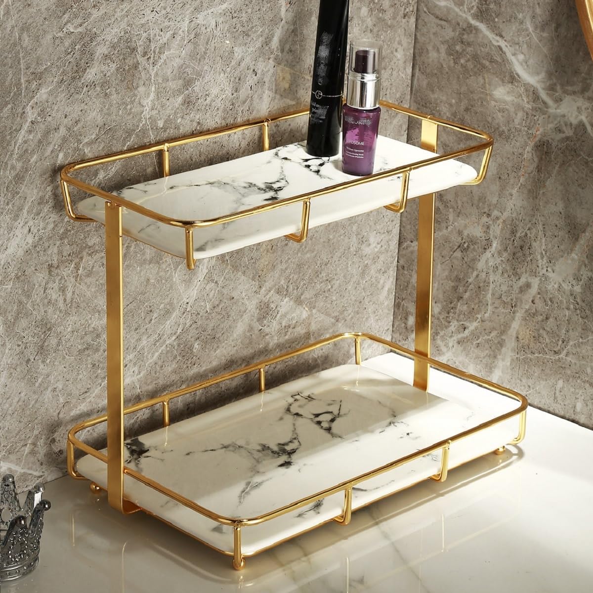 Dobbyby Bathroom Organizer Countertop Perfume Organizer Makeup Organizer Cosmetics Storage Display Rack 2 Tier Vanity Tray Dresser Stainless Steel Shelf Marble Print Ceramic Tray (2 Tier L-Gold)