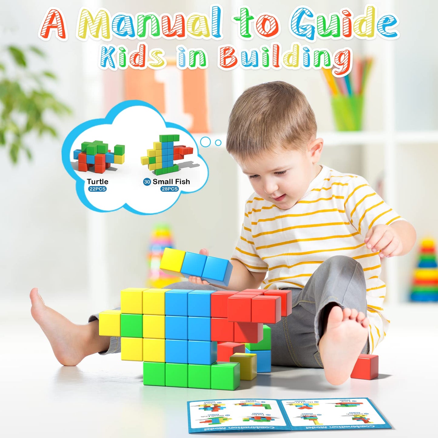 Magnetic Blocks, 28 Pieces 1.34 inch Large Magnetic Building Blocks, 3D Magnetic Cubes for Kids, Preschool Educational Construction Kit, Sensory Montessori Toys Kids Blocks for Boys Girls Toddlers