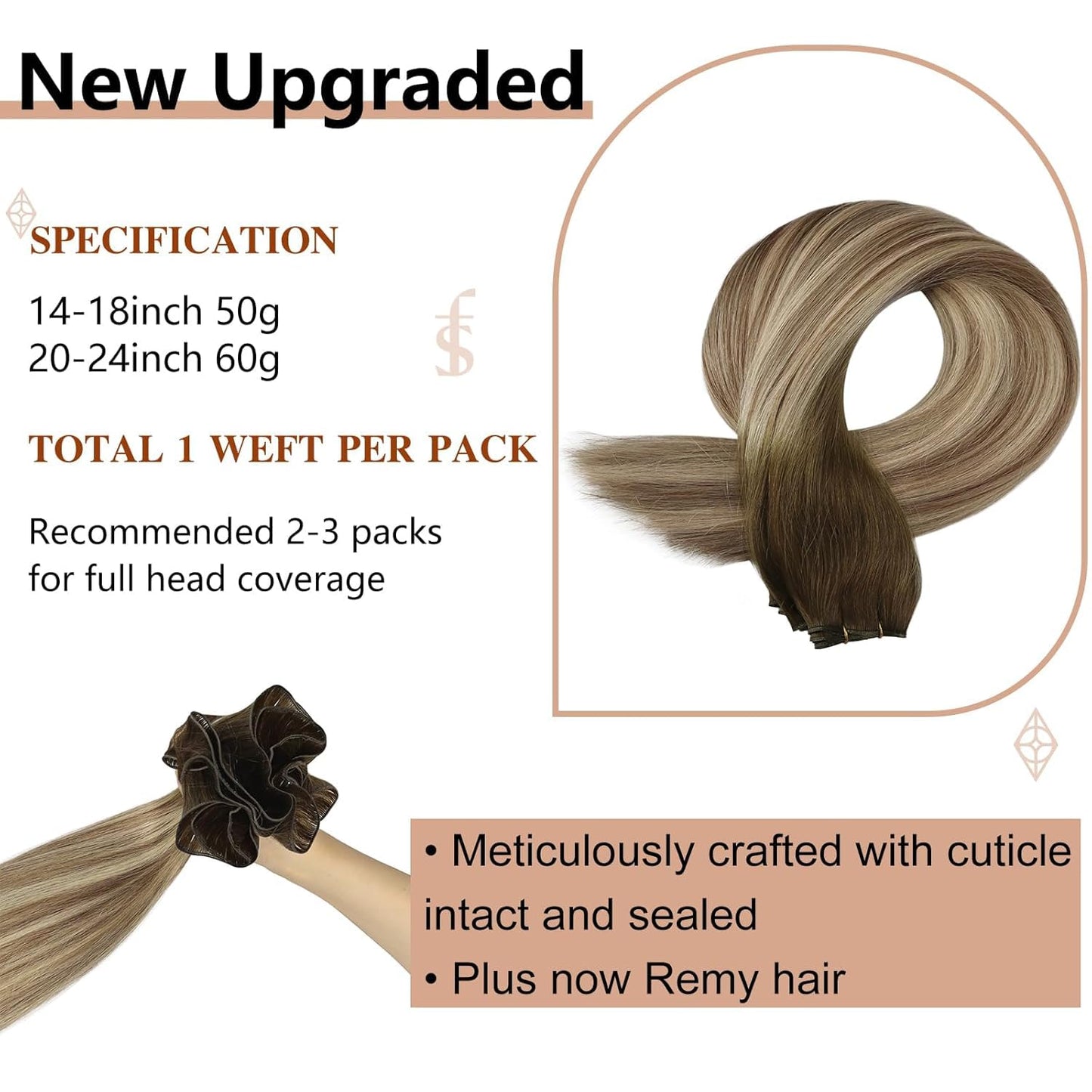 Full Shine Weft Hair Extensions Human Hair Single Genius Weft Sew in Extensions 50G Brown and Blonde Balayage Hair Extensions 18 Inch Silky Straight Human Hair Weft Extensions