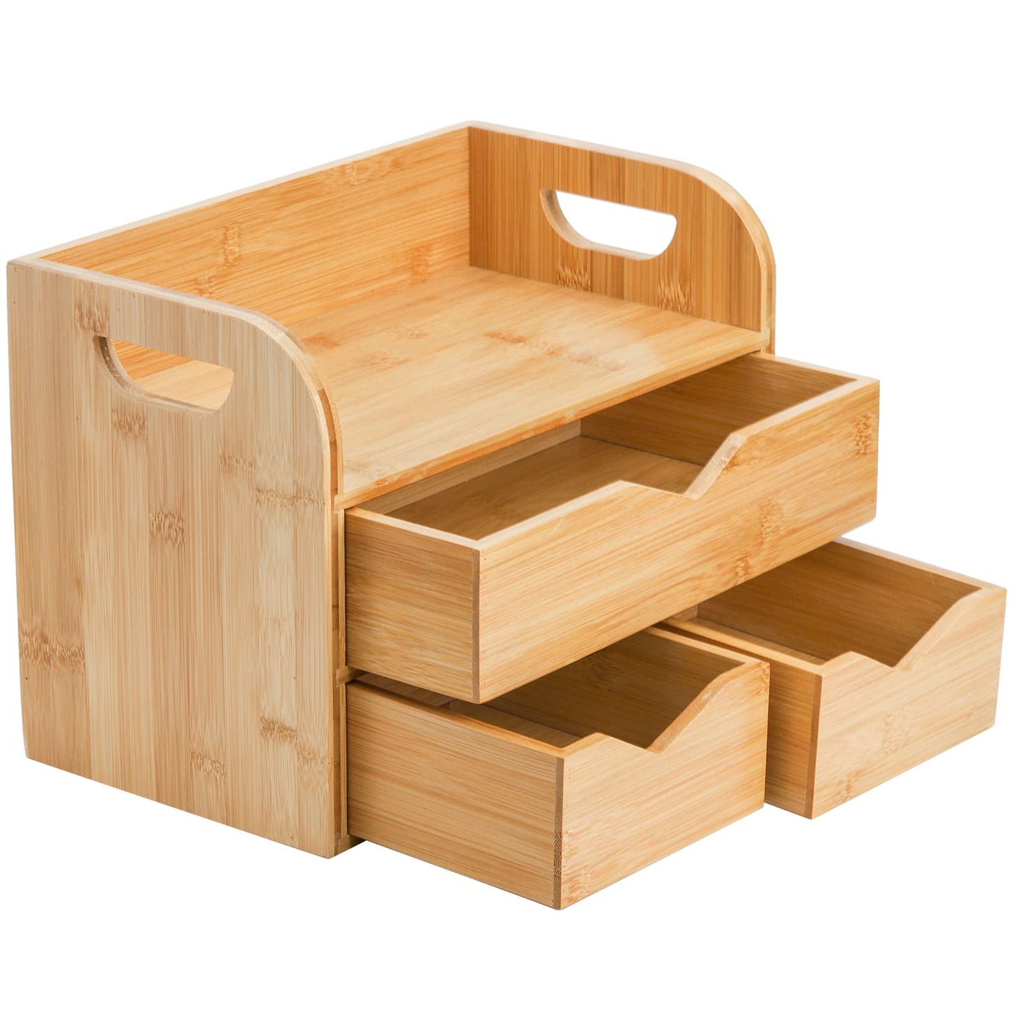 Hacaroa 3 Tier Bamboo Desktop Organizer with 3 Drawers, Mini Tabletop Craft Box Cosmetic Storage Drawer with Handle, Portable Desk Letter Mail Sorter for Office Supply, Toiletries