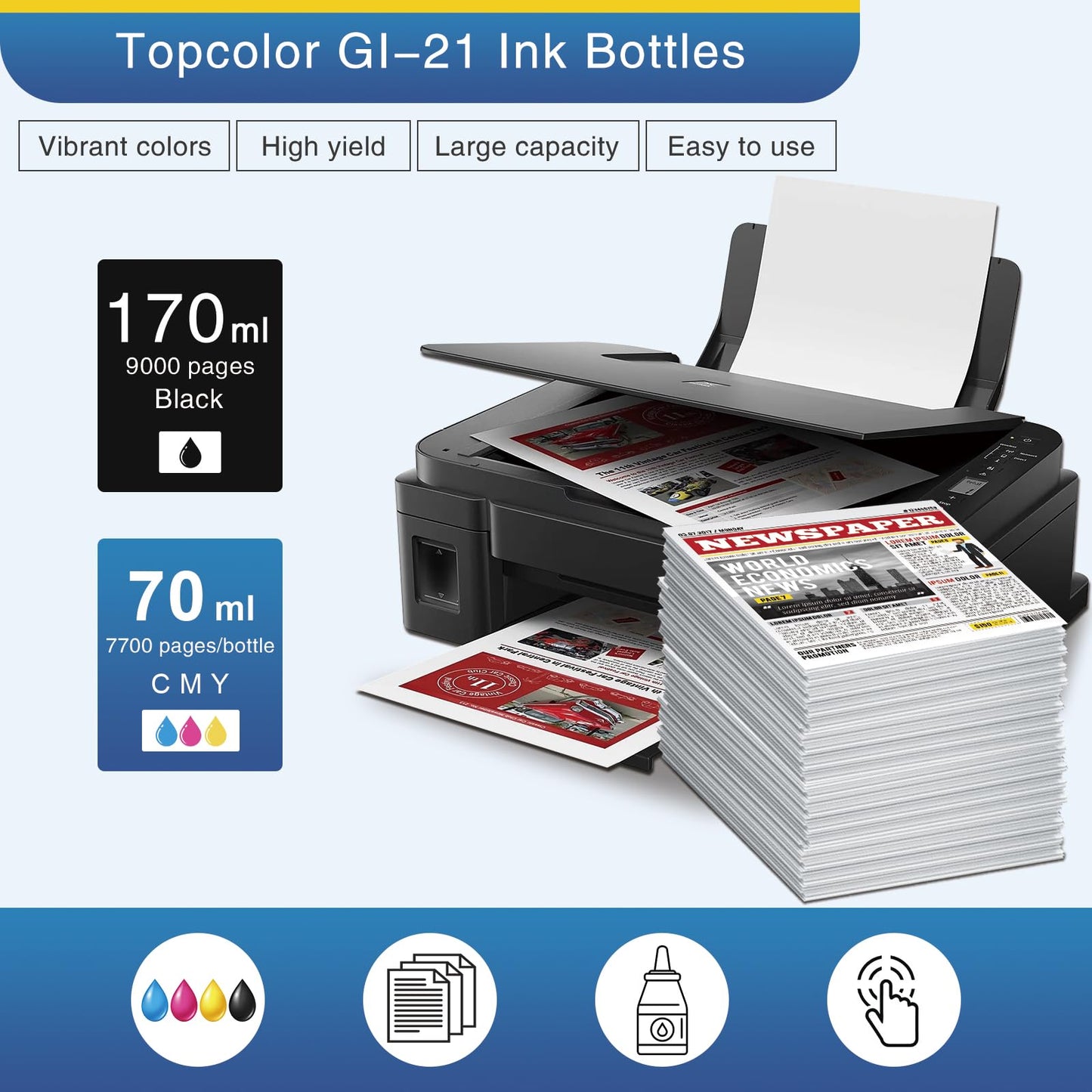 Topcolor g21 Compatible GI-21 Ink Bottles Replacement for Canon GI-21 GI21 Ink Refills Kit, Compatible for Canon Pixma G3270 G3260 G2260 G1220 MegaTank(Supertank) Printer Ink (BK 170ml, CMY 70ml)