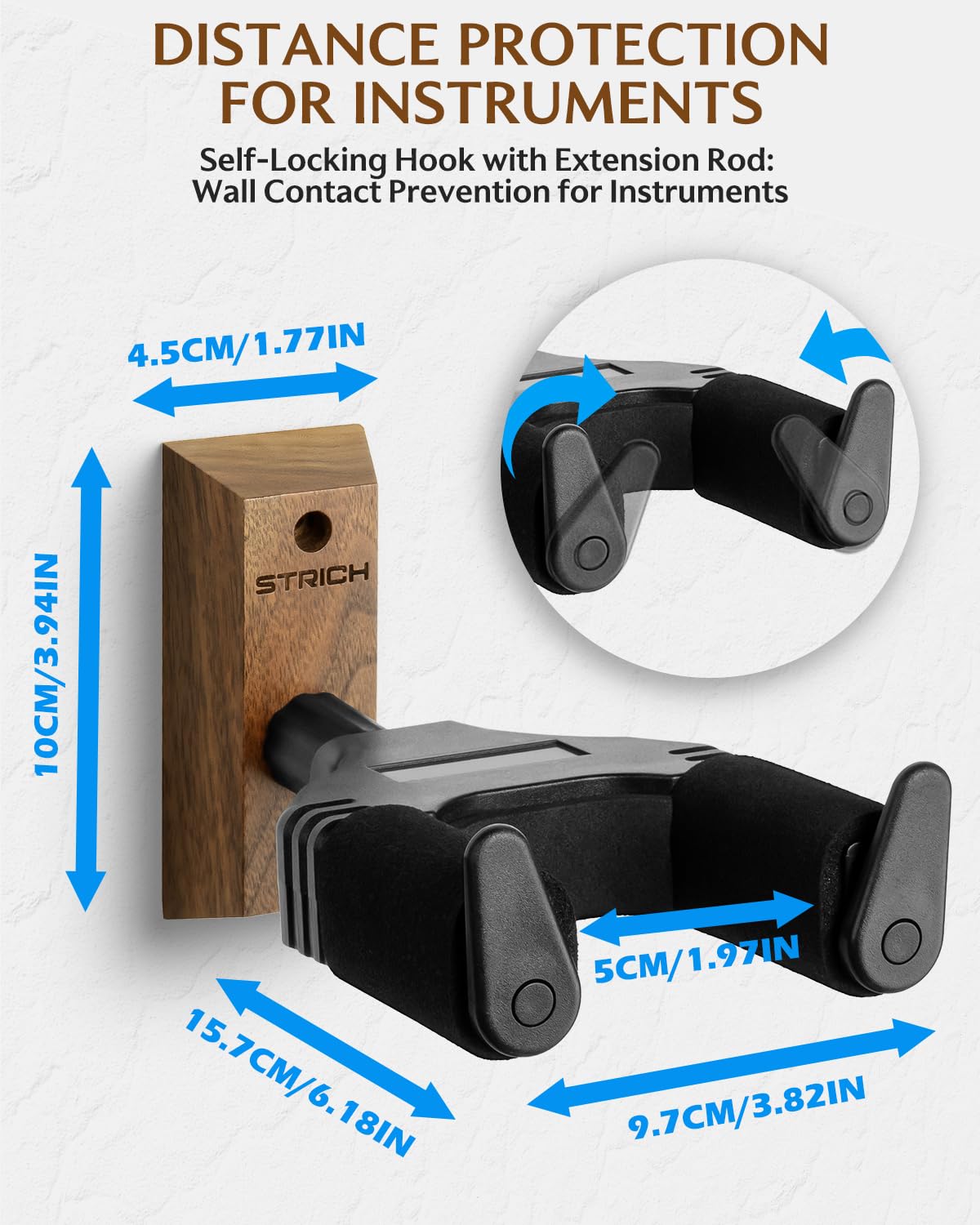 STRICH Guitar Wall Mount,Walnut,U-Shaped with Screws,Auto Lock Guitar Holder Hook for Acoustic, Electric Guitar, Banjo, Bass(3-Pack)