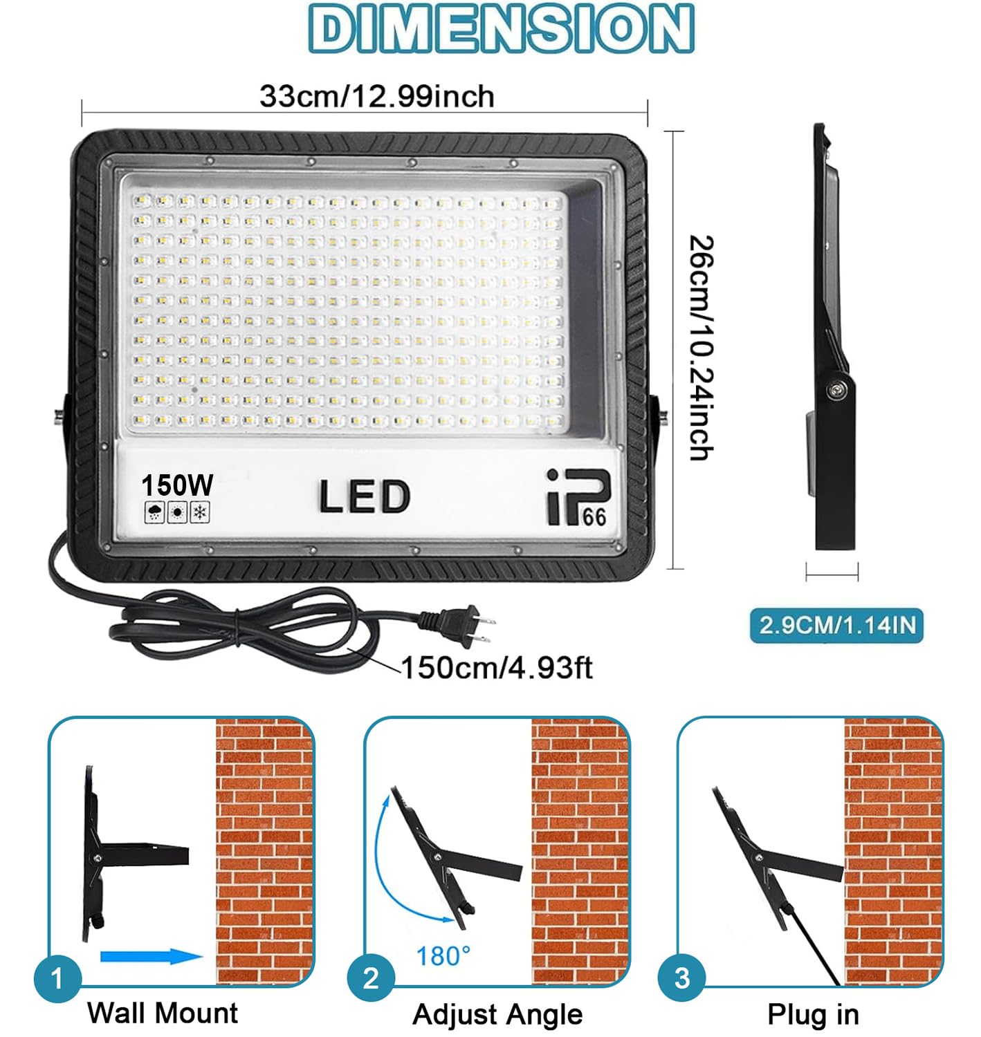 LED Flood Lights Outdoor, 2 Pack 150W 15000LM Bright Floodlight Outside Work Light with Plug, IP66 Waterproof 6500K Outdoor LED Flood Light for Garage, Yard, Lawn, Garden