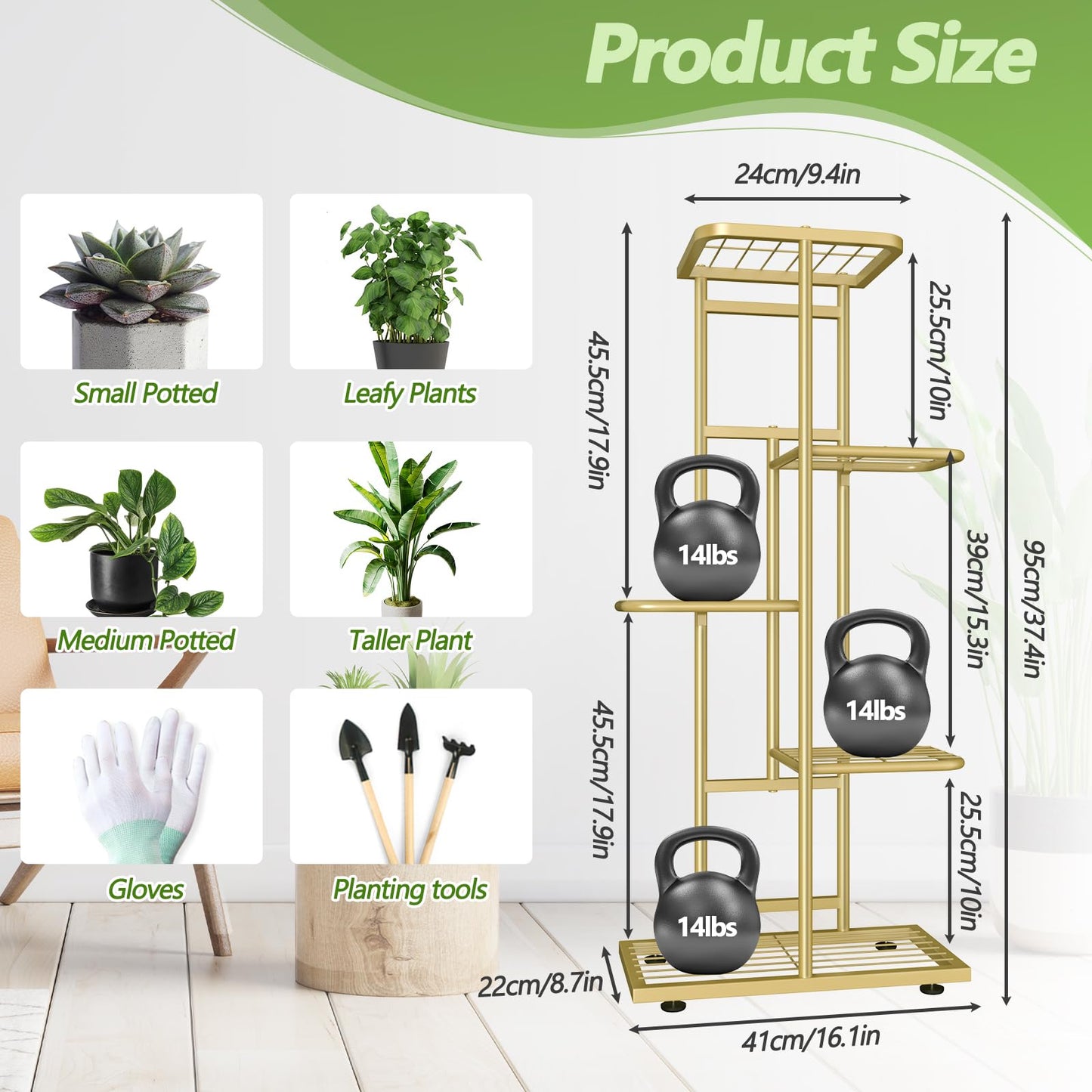 5 Tier 6 Potted Gold Plant Stand Indoor Outdoor, Upgraded Corner Metal Plant Rack Units Shelf for Multiple Plants, Flower Pot Holder Display for Patio, Balcony, Living Room