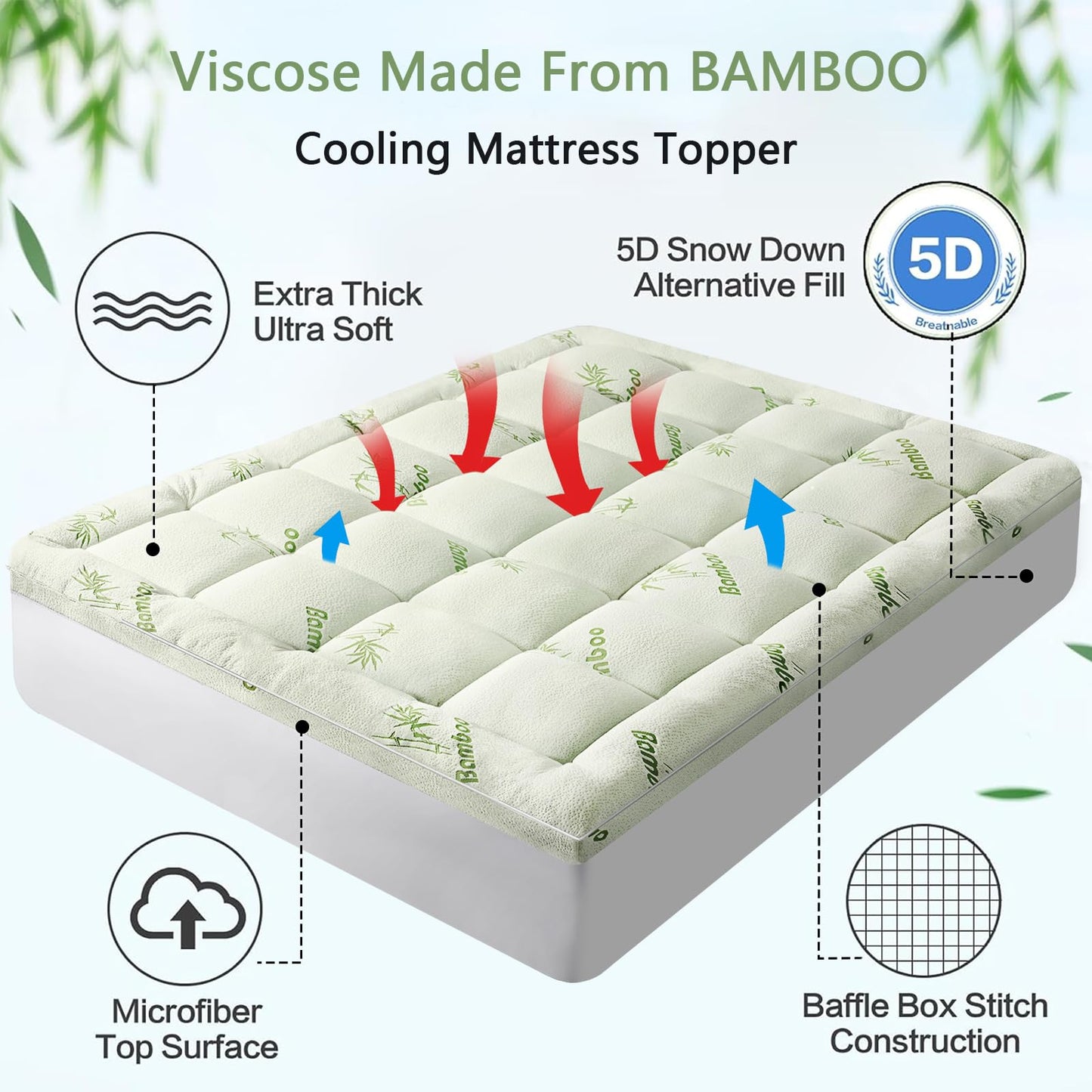 Premium Bamboo Twin Size Mattress Topper for Back Pain, 1200 GSM Quilted Fitted Extra Thick Mattress Pad for Single Bed,Pillow Top Mattress Cover with Deep Pocket Up to 21 Inches（39 * 75inch）