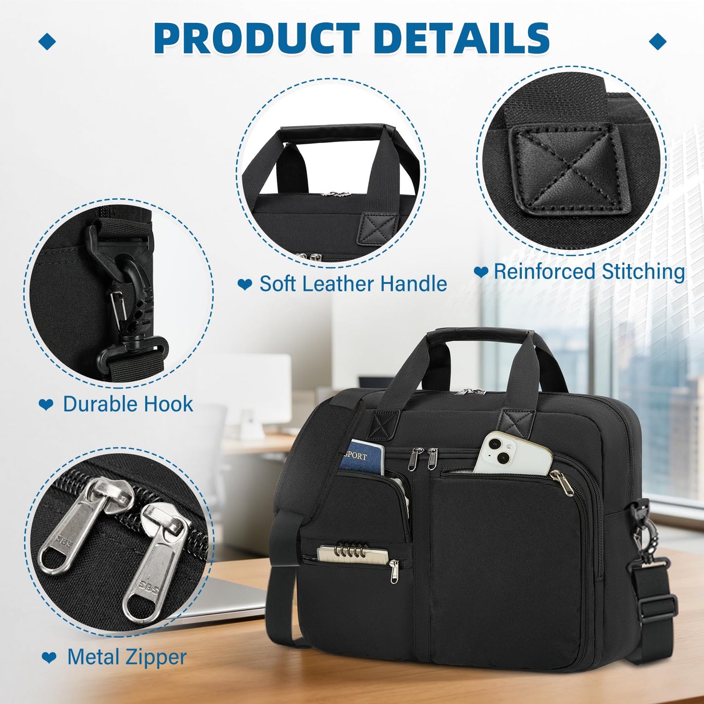 RAINSMORE Laptop Briefcase 15.6 17.3 Inch, Business Messenger Bag for Men, Water-Resistant Laptop Bag for Office, College