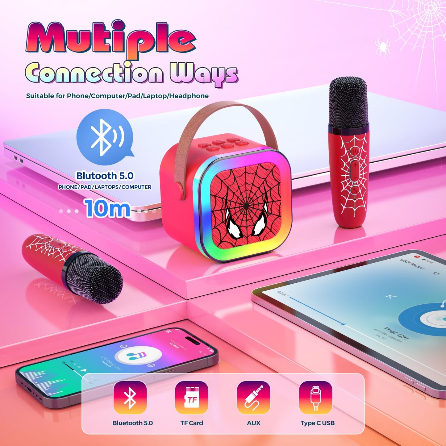 Spider Mini Karaoke Machine Kids, vicia Toys for 3 4 5 6 7 8 Year Old Boys Bluetooth Speaker with 2 Karaoke Microphone Christmas Birthday Gifts for 3-5 6-8 8-12 Year Old Boys Girls Adult