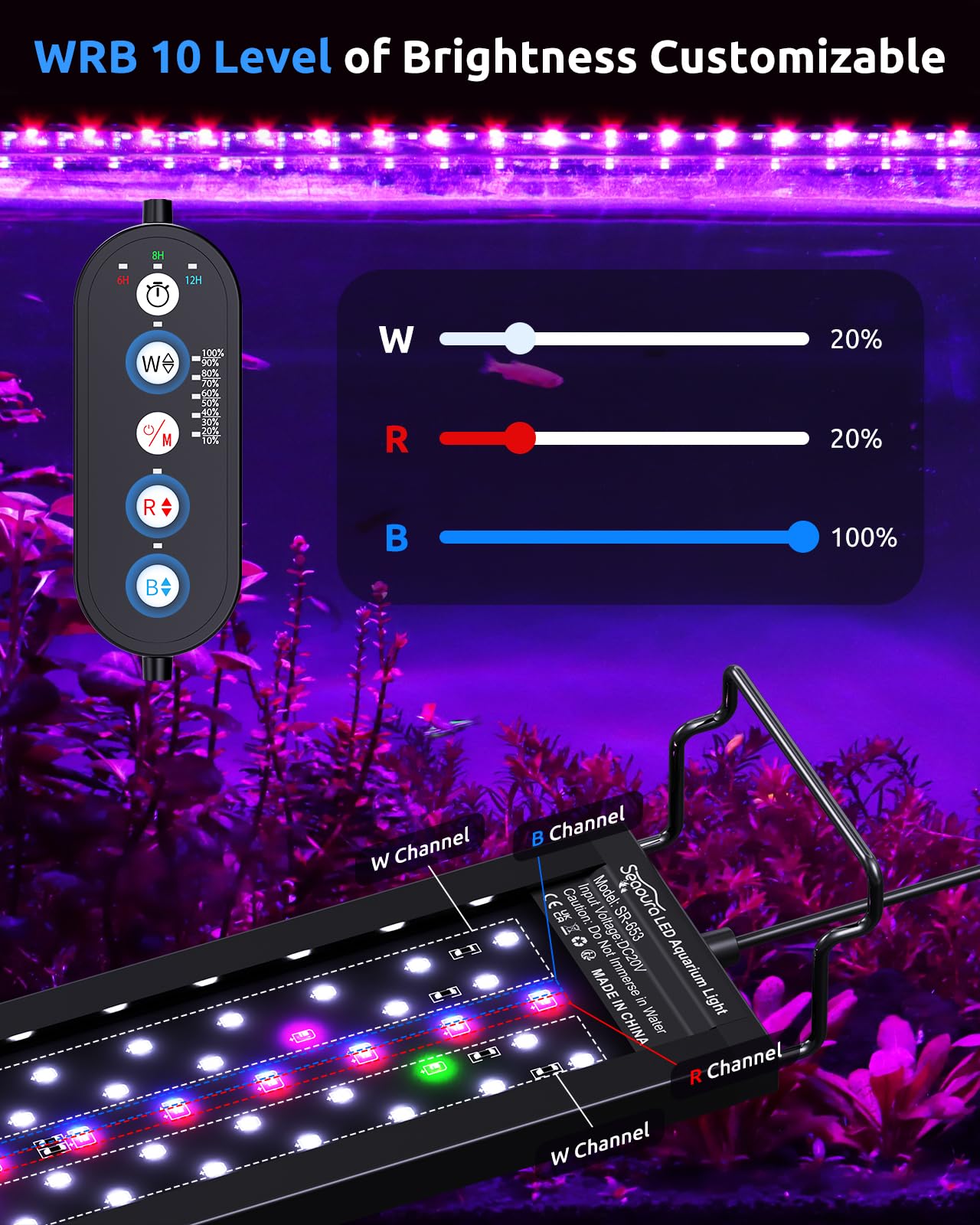 SEAOURA Aquarium Plant Growth Light for 120-137cm Freshwater Tank, Full Spectrum LED Lights, 6H/8H/12H Timer, WRB 3 Channel Customizable, 10 Brightness & 11 Colors, Adjustable Bracket - 42W