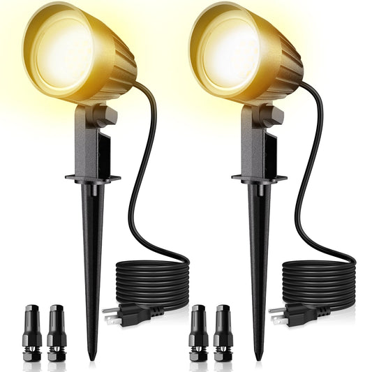 MEIKEE 9W LED Landscape Lights IP66 Waterproof Outdoor 110V Landscape Spotlight Pathway Lights for Yard, Lawn, Garden with US 3-Plug Warm White Lights (2 Pack)