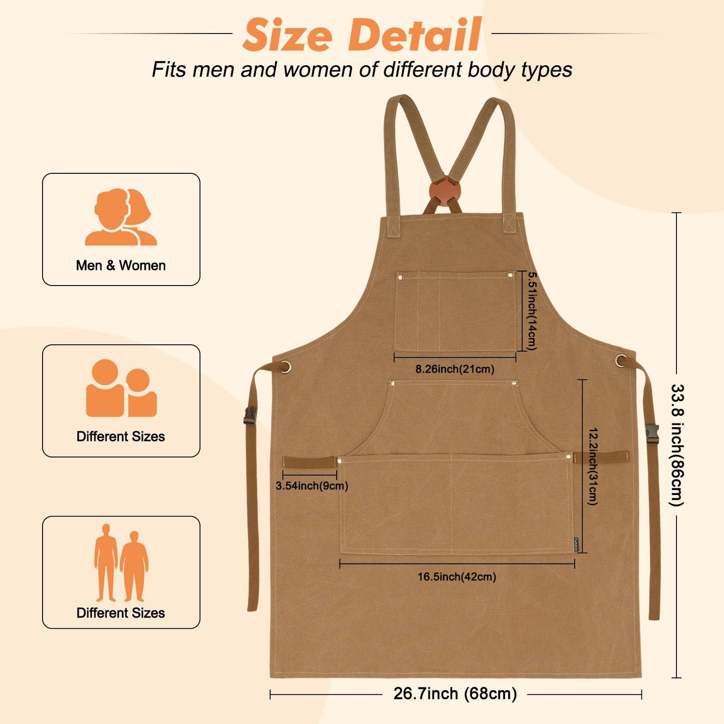 Fammio Chef Apron for Men BBQ, 16oz Cotton Canvas Aprons with 7 Pockets/Cross Back Straps/Quick Release Buckle, Durable Heavy Duty Apron for Kitchen Cooking, Paiting, Baking (Camel,L)