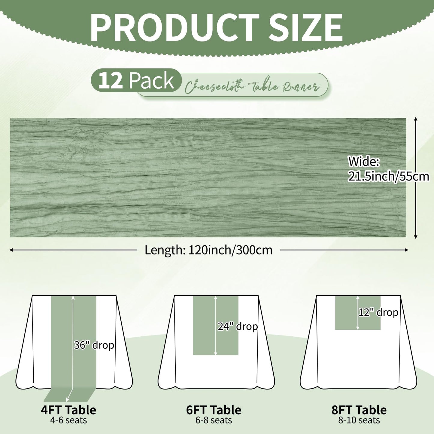 12 Pack Sage Green Cheesecloth Table Runner 10Ft, Gauze Table Runners 21.5 x 120 inch,Semi Sheer Cheese Cloth Fabric Runner Bulk for Wedding,Party,Baby Shower,Bridal Shower