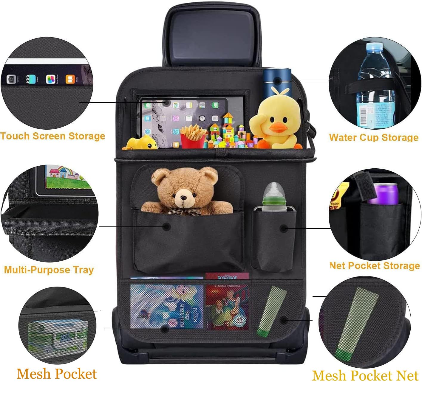 Meirenda 2 Pack Car Backseat Organizer with Foldable Food Tray, Multi-Pocket Multifunctional Hanging Car Storage Organizer Bag with Tablet Holder, Kids Car Kick Mats Seat Back Protector for Travel