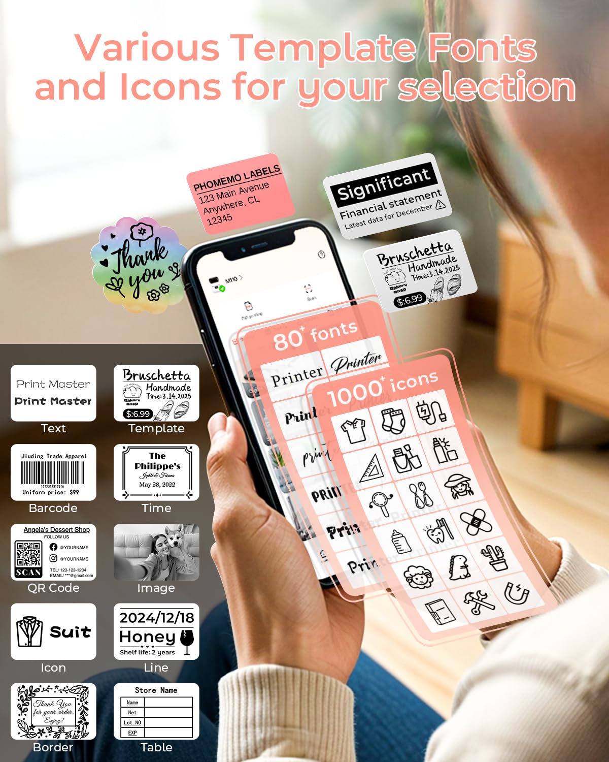 Phomemo M110 Label Maker- Portable Mini Bluetooth Thermal Label Printer Apply to Labeling, Office, Cable, Retail, Barcode and More, Compatible with Android & iOS System, with 1 40×30mm Label, Pink