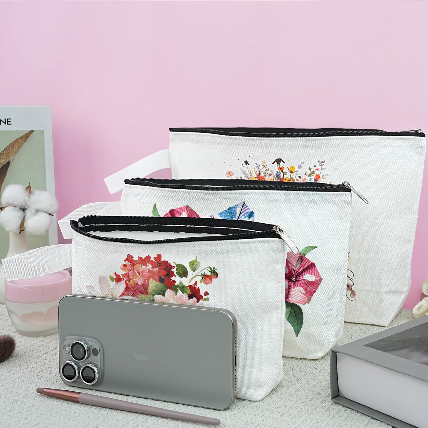 20 Pack 12Oz Blank Makeup Bags with Bottom and Strap, KOOLMOX Multi-Purpose Large Canvas Zipper Toiletry Organization Pouch Blank Bag for HTV Crafts (White Bag w/Black Zipper, L, 12.2x7.4X 2.7'')