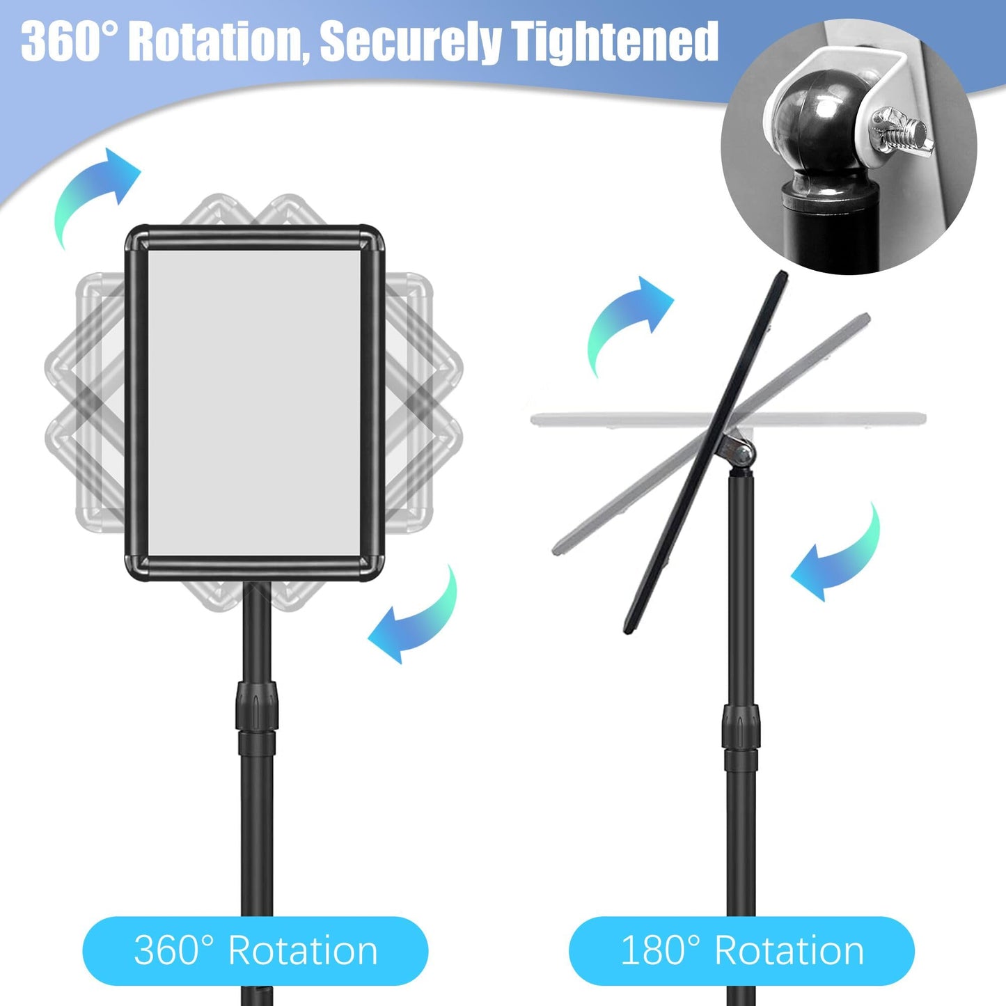 Pedestal Sign Holder Stand 8.5x11 Inch Adjustable Heavy Duty Floor Standing Sign Stand with Round Base Snap open frame 360° Rotation for Trade Show Shopping Malls Business Store Black 2 Pack