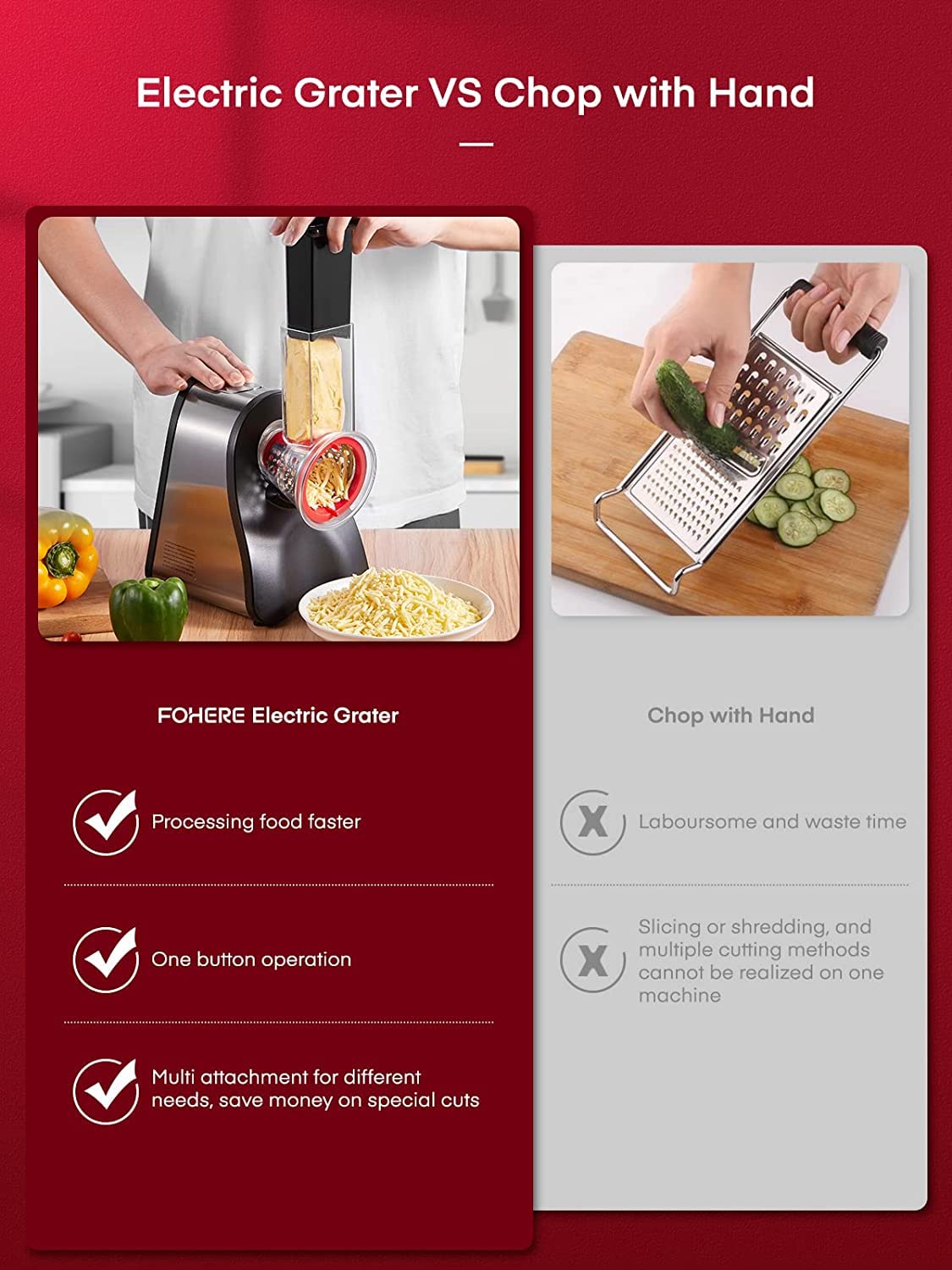 FOHERE Electric Cheese Grater, Electric Grater Shredder with 4 Interchangeable Cones, One Touch Easy Control, Multi Salad Maker for Vegetables, Cheeses and Nuts, 150W