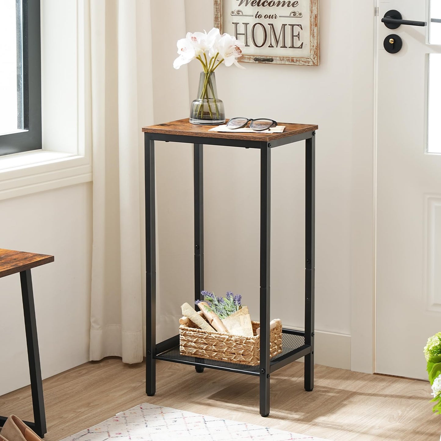 HOOBRO Tall Side Table, Industrial End Telephone Table with Adjustable Mesh Shelves, Small Entryway Table, Laptop Table for Office, Hallway, Living Room, Rustic Brown and Black BF03DH01