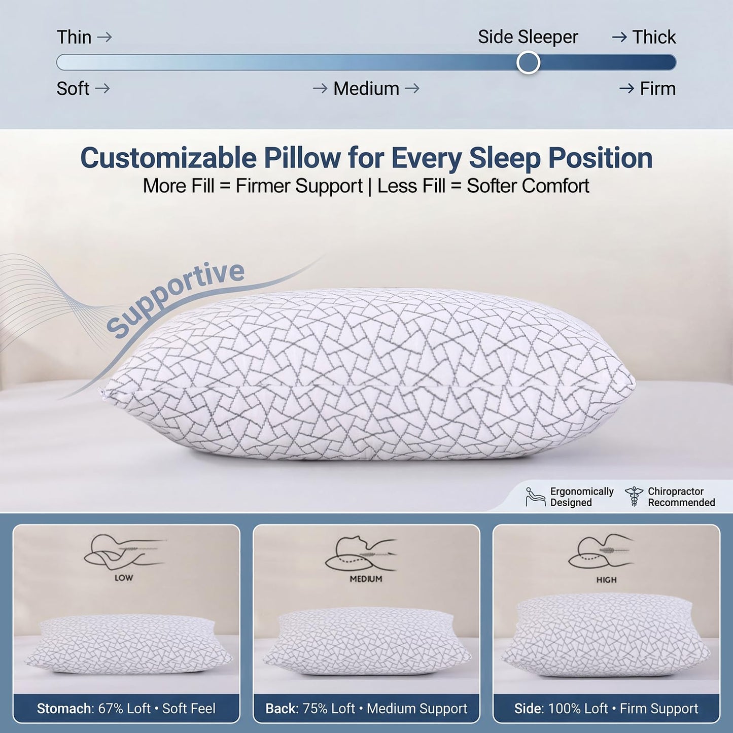 Adjustable Memory Foam Pillows: 2 Pack Queen Size Shredded Foam Bed Pillow for Sleeping with Removable & Washable Pillowcase for All Sleep Positions