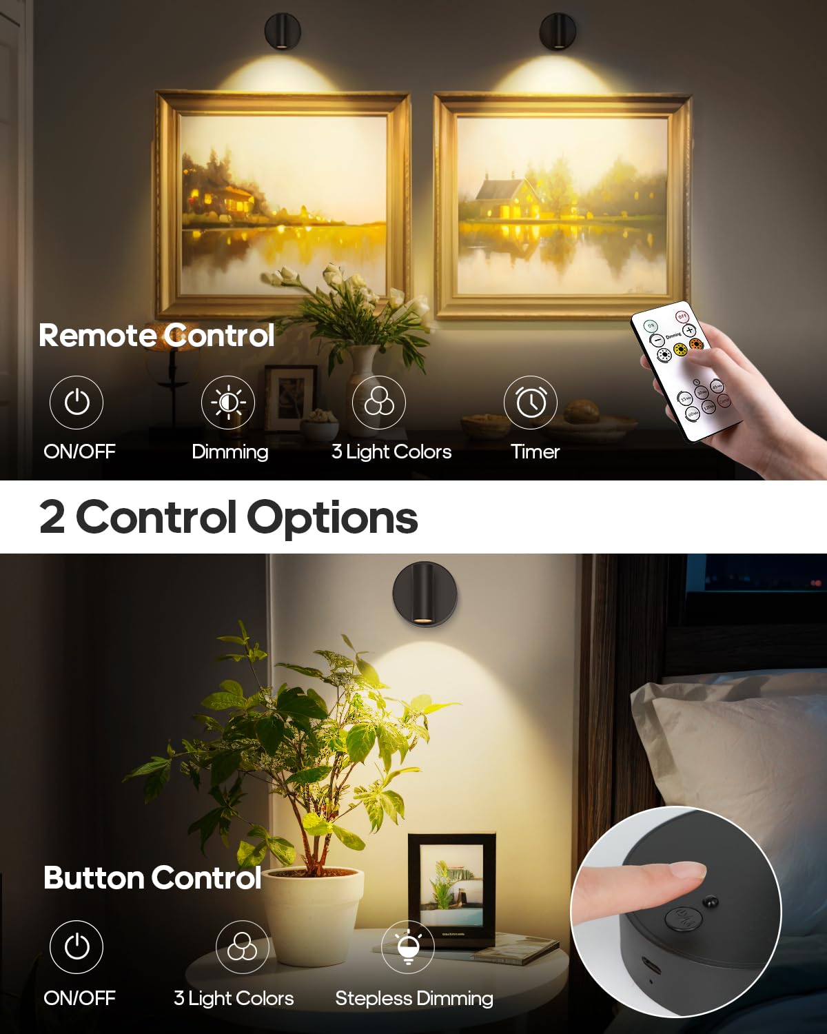 GOODEA Spotlights Indoor, 3000mAh Rechargeable Battery Plant Spotlight Indoor with Remote, Wireless Led Uplighting with 3 Colors & Timer, Mini Picture Light for Painting, Accent Lighting (2 pcs)