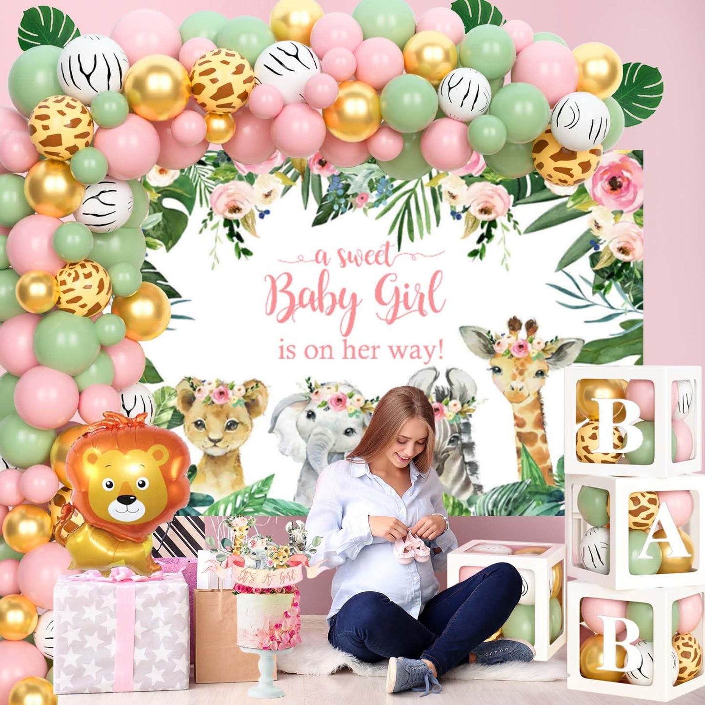 149 PCs Safari Baby Shower Decorations for Girl, Fiesec Jungle Themed Décor Backdrop Balloon Garland Arch Artificial Leaves Box Cutout Glitter Banner Cake Topper Sash Lion Cheetah Giraffe Pink