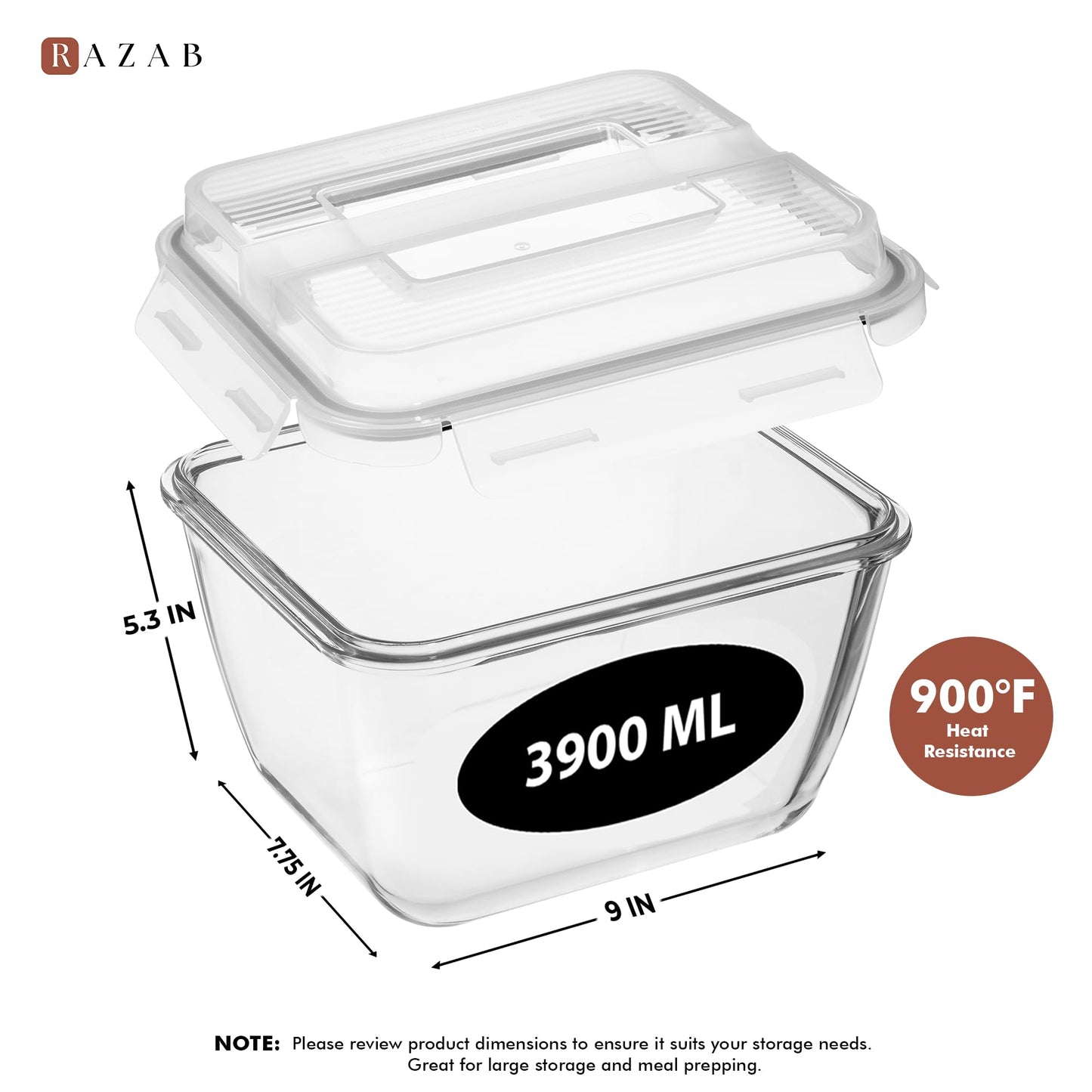Razab 17 Cups / 132 Oz / 3900ml Large Glass Container Food Storage with Lids - Leakproof, BPA-Free Large Meal Prep Container Ideal for Roasting Turkey, Store Leftover - Microwave & Oven Safe