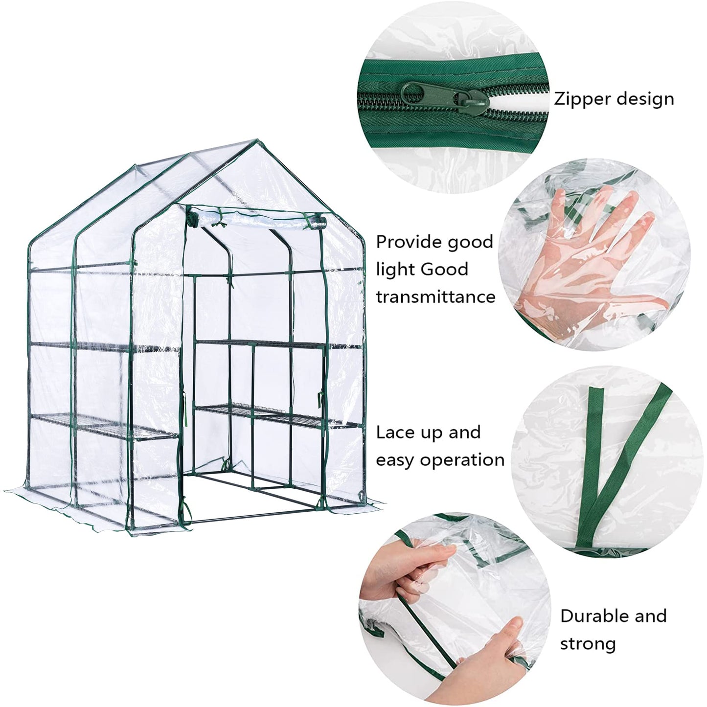 56 x 56 x 76 in Walk-in Greenhouse Replacement Cover with Roll-Up Zipper Door - PVC Greenhouse Cover for Outdoor Plant Gardening Plants Cold Frost Protection Wind Rain Proof (Frame Not Include)