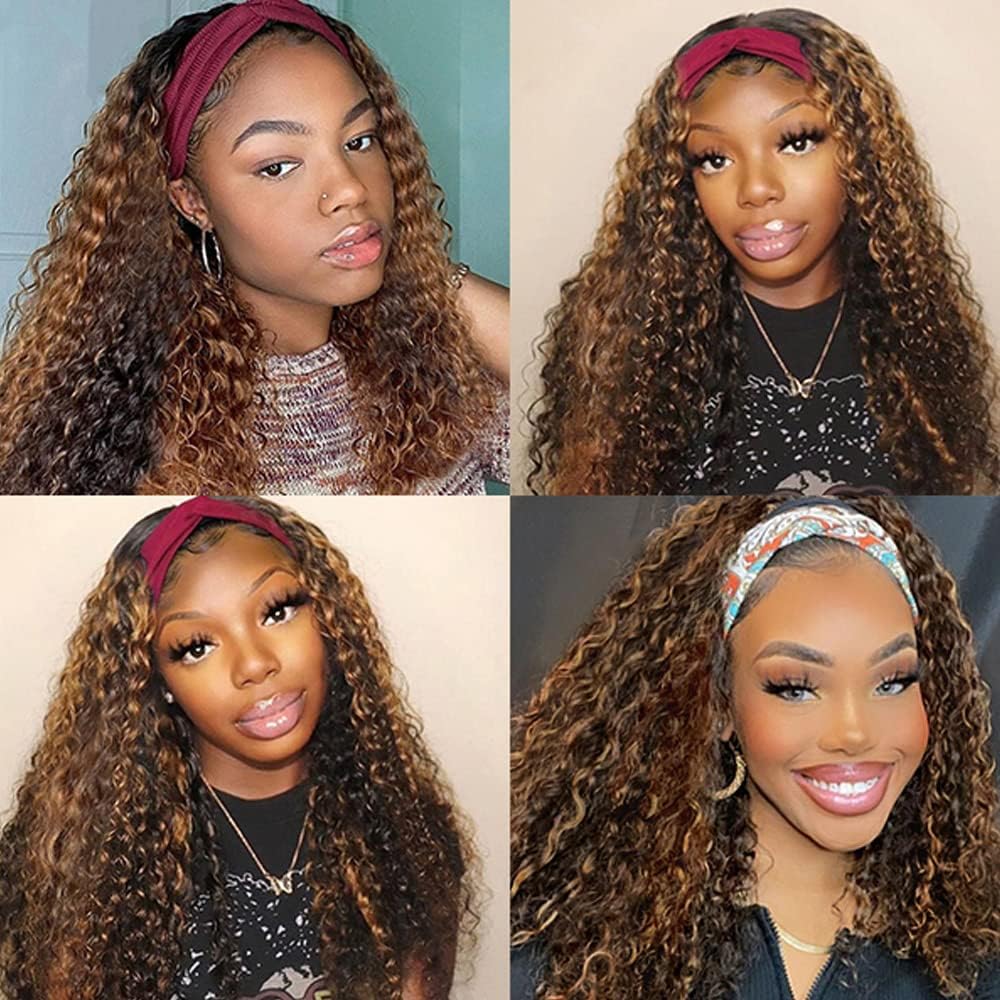 XSY Headband Wig Human Hair Ombre Highlight Curly Human Hair Wigs 16 Inch Headband Wigs for Black Women None Lace Front Wigs 150% Density 4/27 Highglight Wig