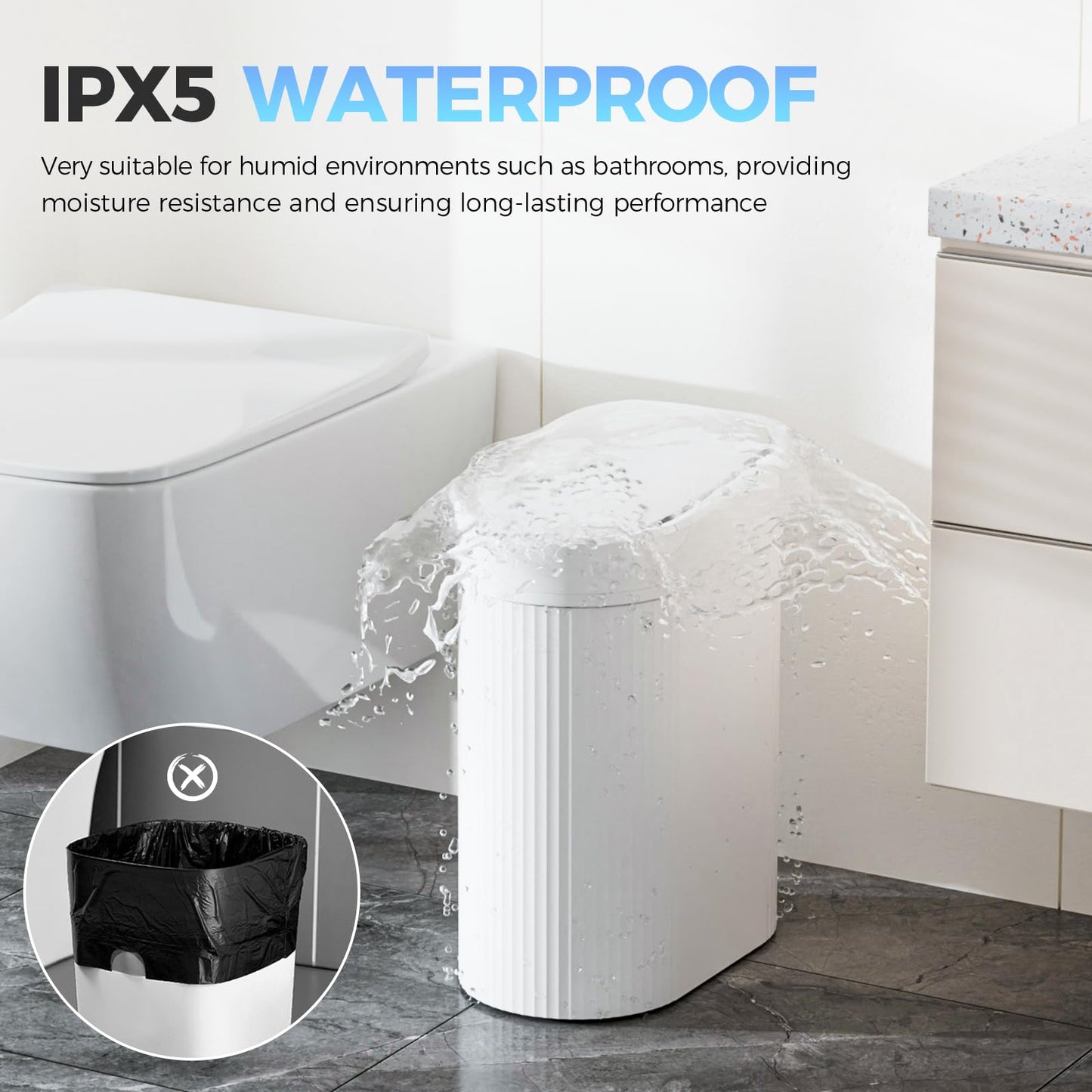2 Pack 5 Gallon Bathroom Trash Can with Lid, Automatic Motion Sensor White Trash Can, Touchless Slim Waterproof Garbage Bin for Kitchen, Bedroom, Office, and Bathroom