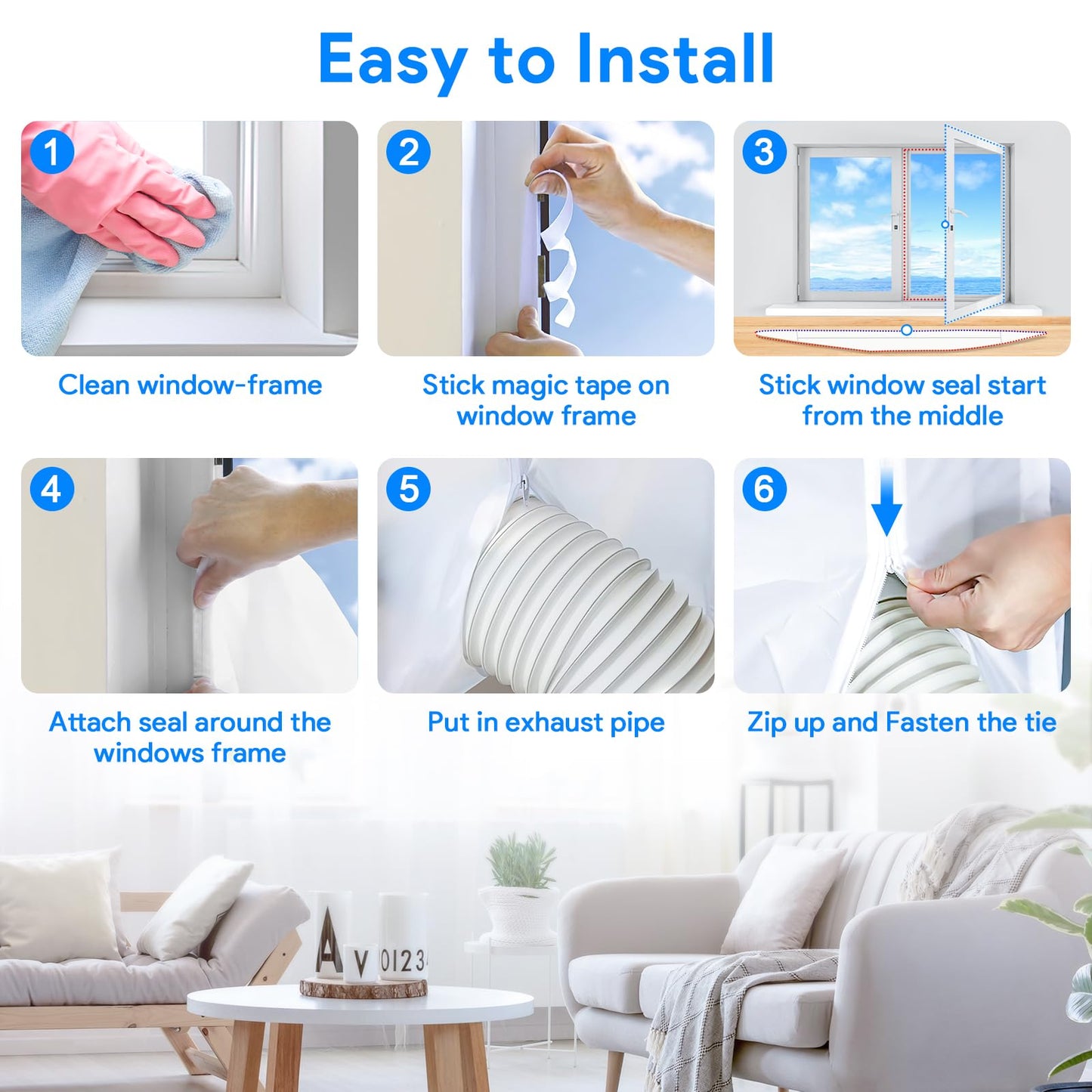 Gruntbear Portable Air Conditioner Window Seal, 500CM (197'') AC Casement Window Seal Kit, Hot Air Stop Air Exchange Guards with Zip and Adhesive Fastener Works with Tumble Dryer, Keep House Cool