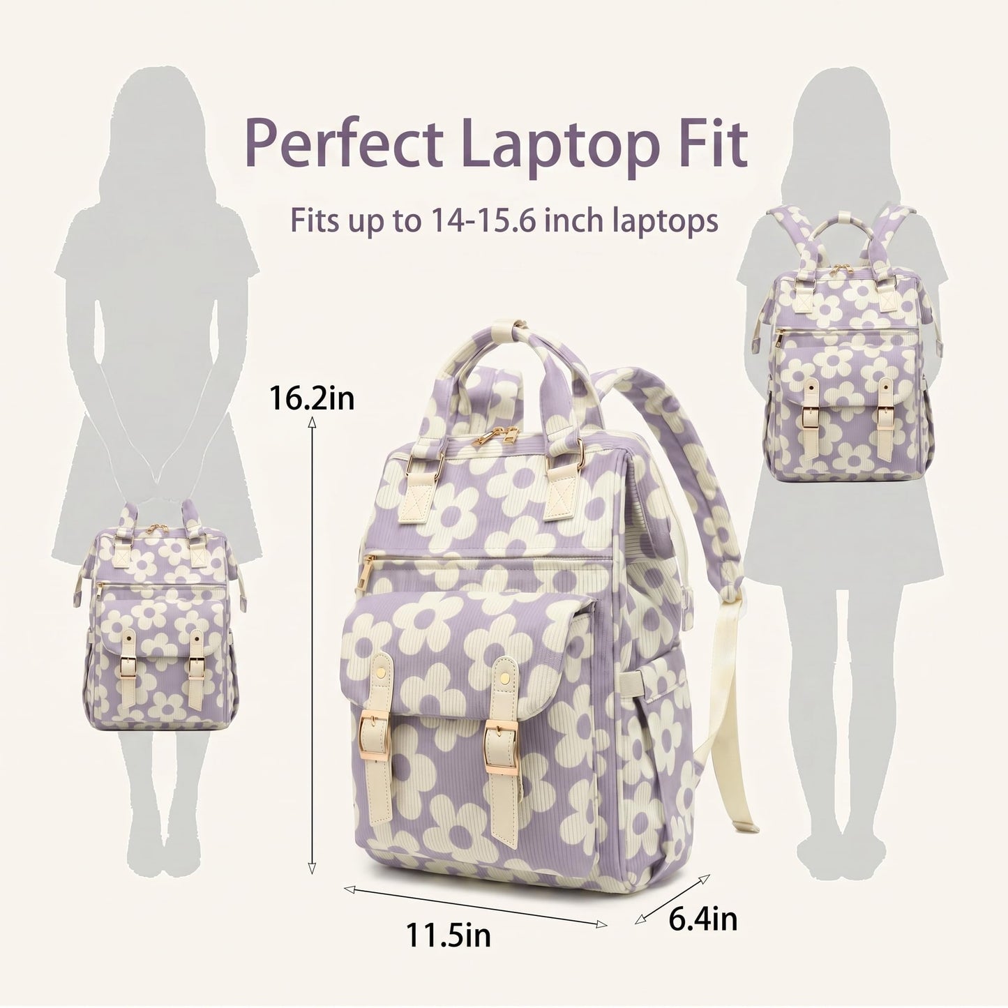 Corduroy Laptop Backpack for Women 15.6 Inch Stylish College School Bookbag, Business Work & Travel Computer Backpacks (Large Floral Purple)