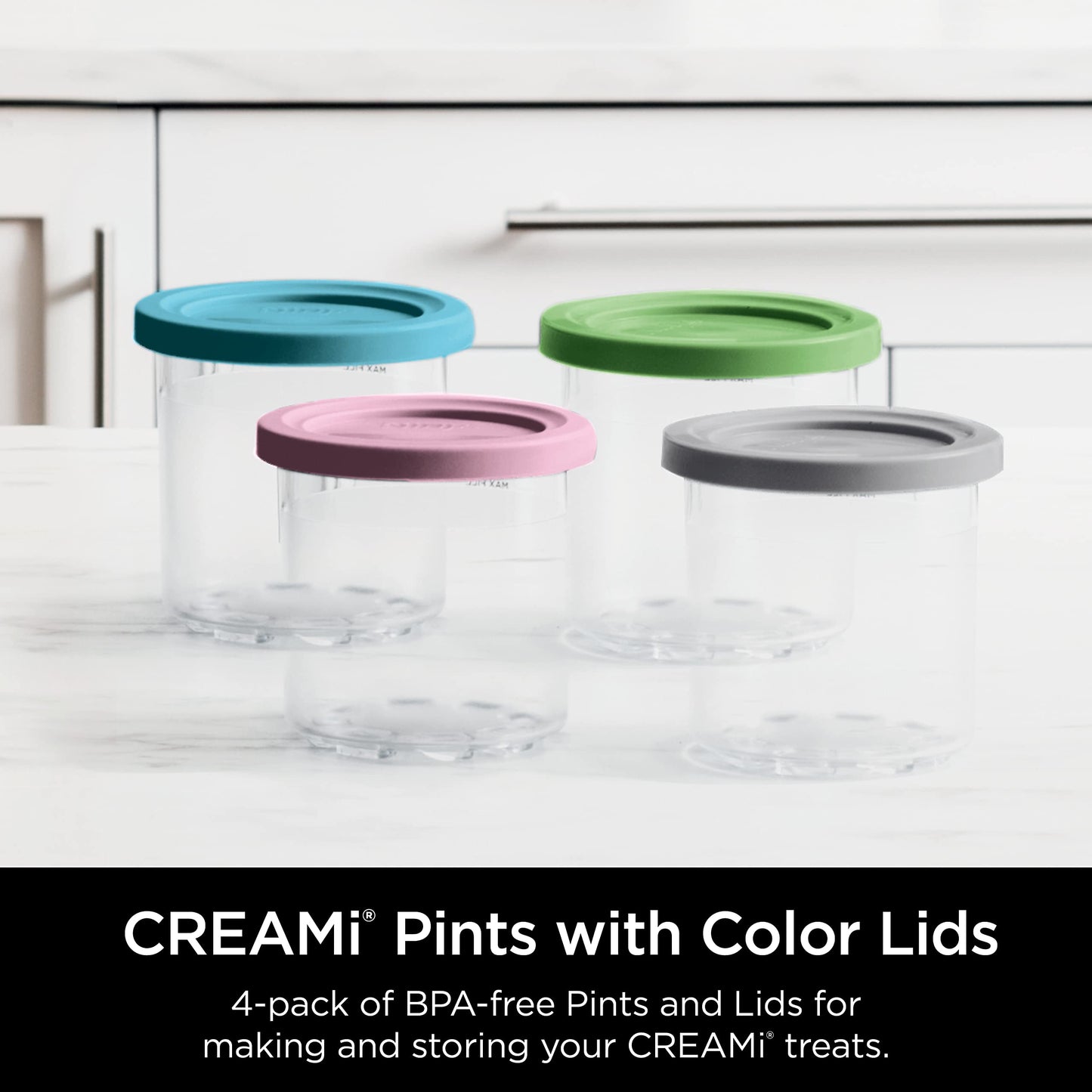 Ninja XSKPLD4BCD 4 Pack, Compatible with NC299AMZ & NC300s Series Creami Ice Cream Makers, BPA-Free & Dishwasher Safe, Color Lids, 1 Pint Each, Clear/Grey/Lime/Pink/Acqua