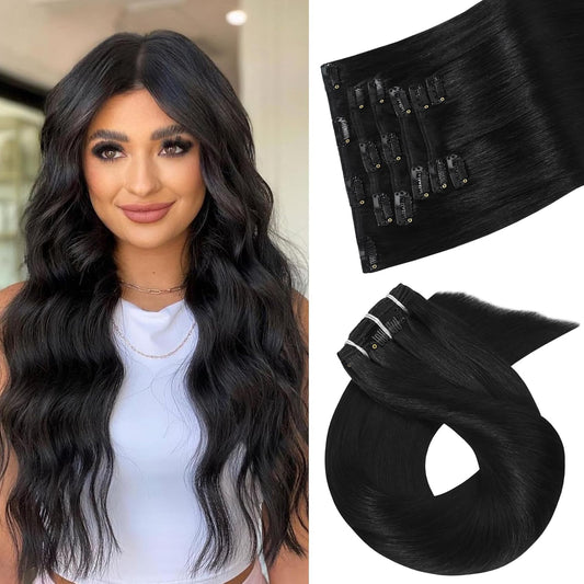 Aison Natural Black Clip in Hair Extensions Real Human Hair 18 Inch 70G/7Pcs Soft Silky Straight 16clips Clip in Human Hair Extensions for Women(18 Inch #1B)