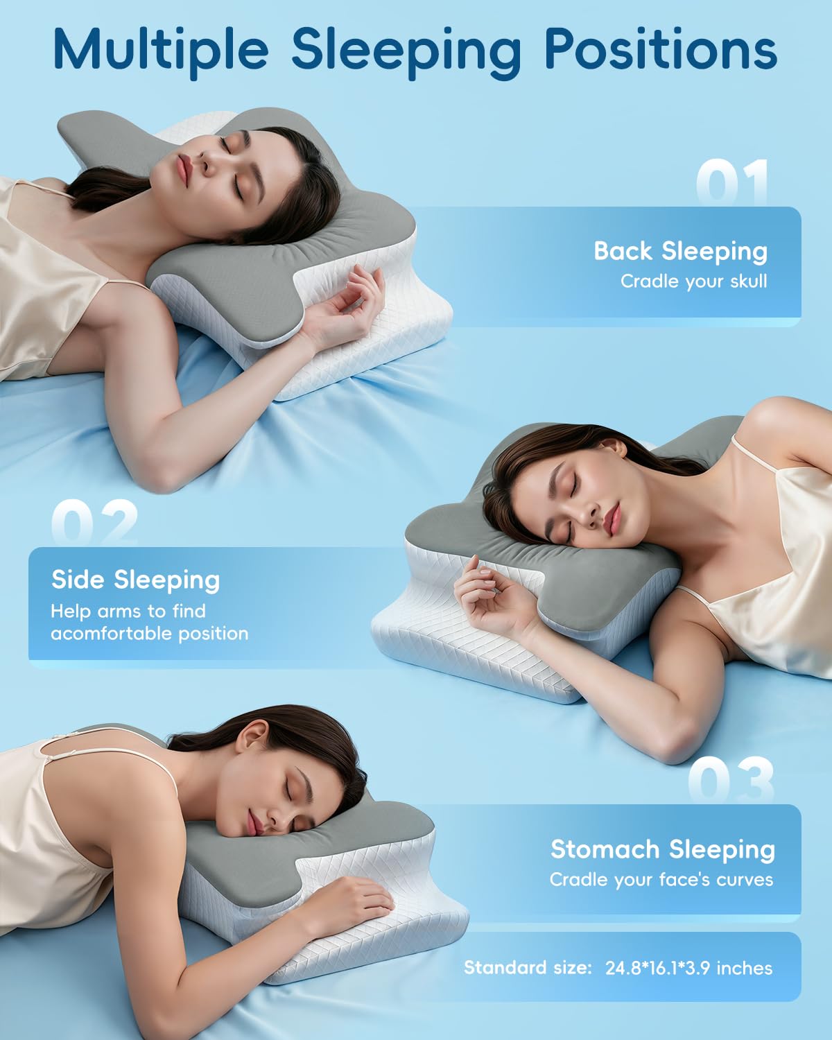 BUWAN Cervical Neck Pillow, Ergonomic Contour Memory Foam Pillow with Cooling Breathable Case, Neck and Shoulder Support for Side Back Stomach Sleepers, Washable Cover, Compact, Grey