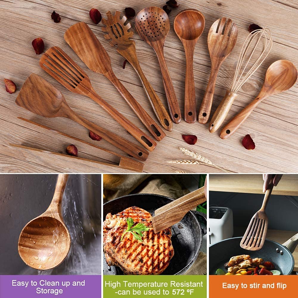 Natural Teak Wood Utensils with Spatula and Ladle (10) - Nonstick Wooden Kitchen Utensils