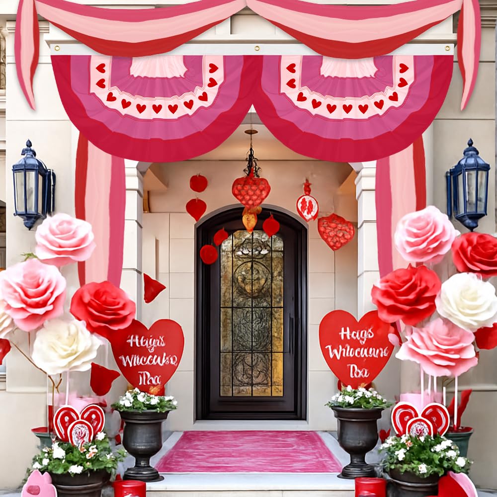 LinaGarten 4Pcs Valentine’s Day Bunting 2x4Ft Embroidered Love Heart Half Fan Bunting Flag Banner for Garden Fence, Outdoor Party, and Porch Decor