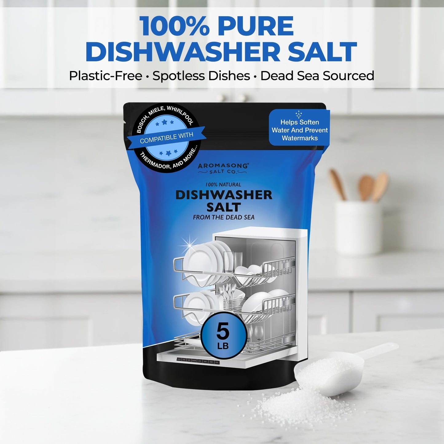 Aromasong Dishwasher Salt 10 LB - 100% Natural Water Softening Agent for Cleaner Dishes & Washer Reactivation - Compatible with Bosch, Miele, Whirlpool, Thermador, and more.