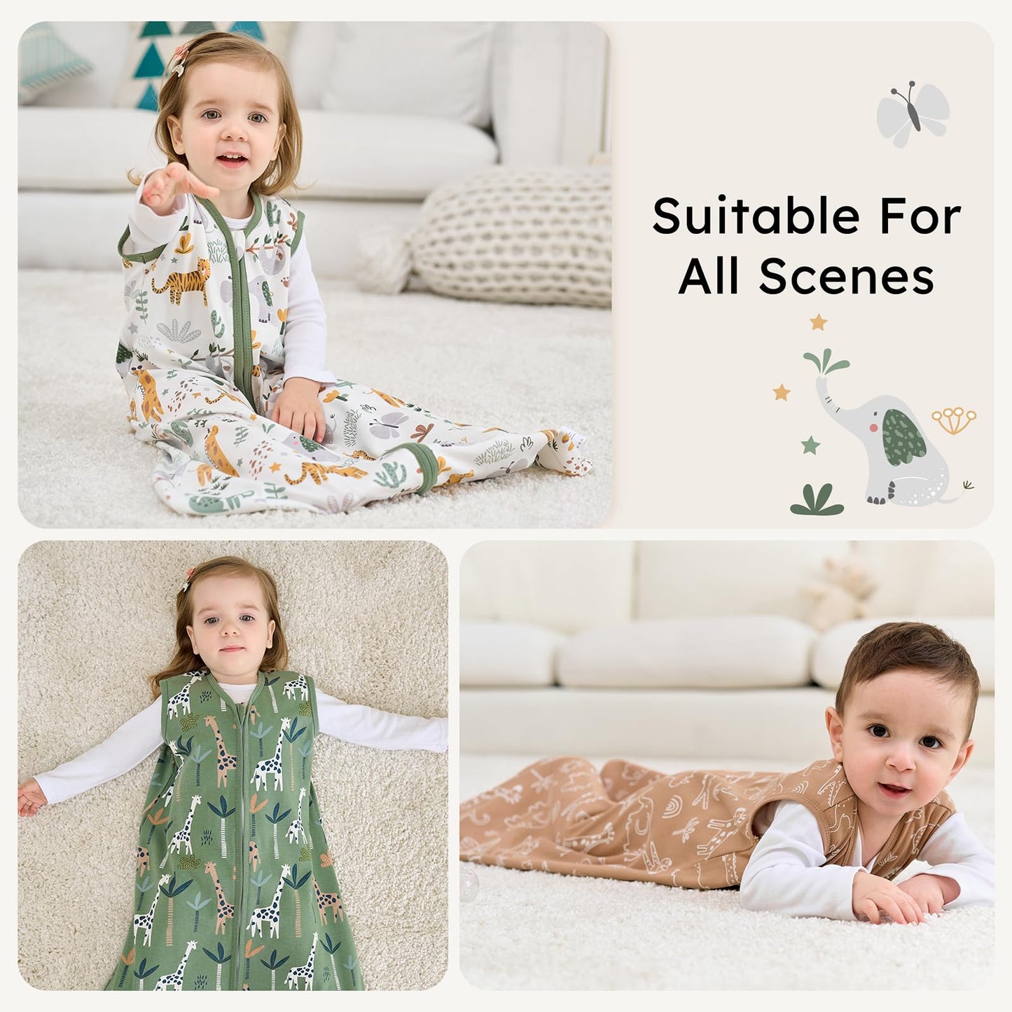 FIEMOL Baby Sleep Sack 6-12 months, 100% Cotton Sleeping Sack for Newborn and Infant, 3 Pack Baby Wearable Blanket, 0.5 Tog Lightweight Double Zipper Sleep Bag Green Brown Giraffe