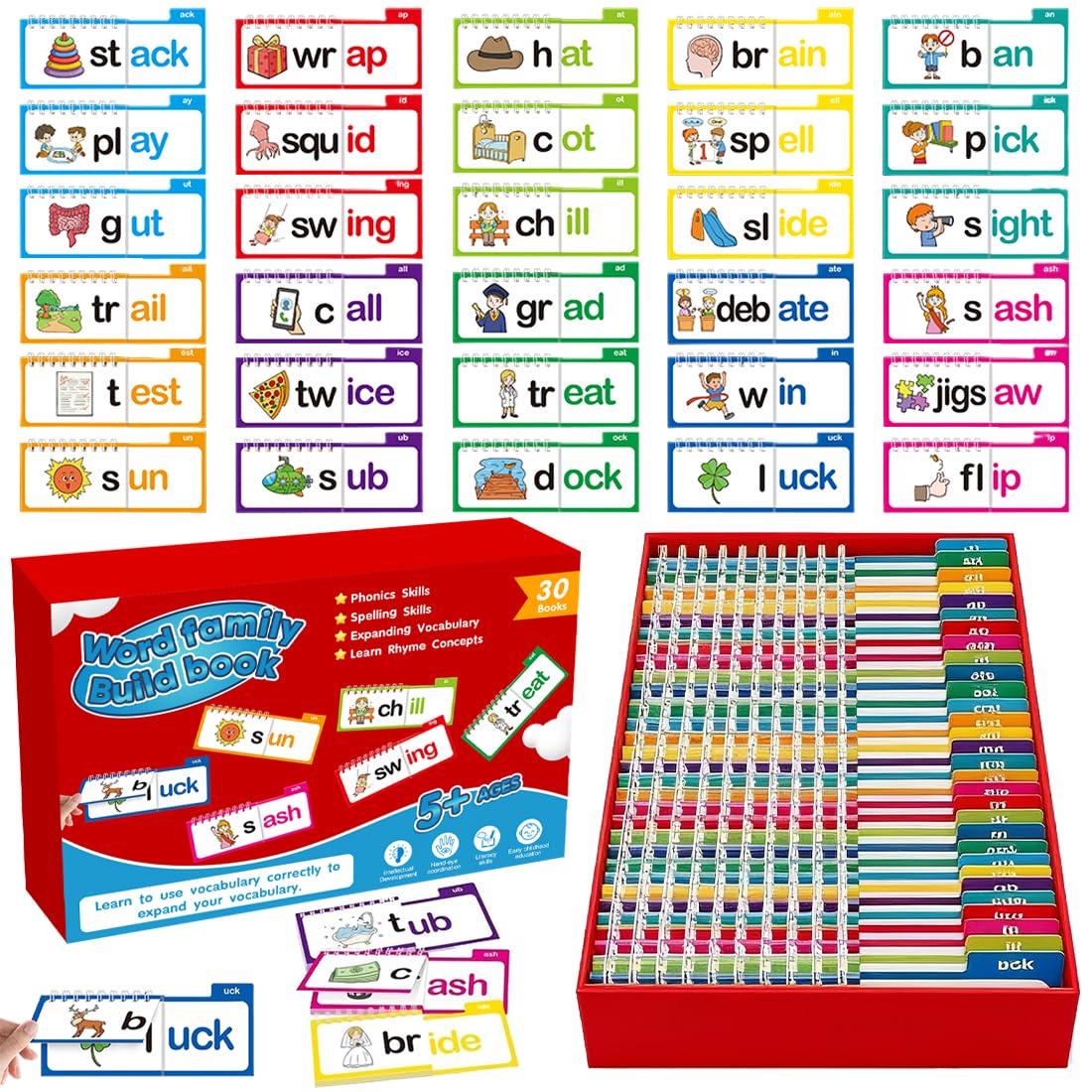 30 Read and Rhyme Flip Books,Sight Words Flash Cards Kindergarten,Kids Phonics Flash Cards,Word Family Build Books Phonics Games Books Gift for Kids Adults Stress Relief