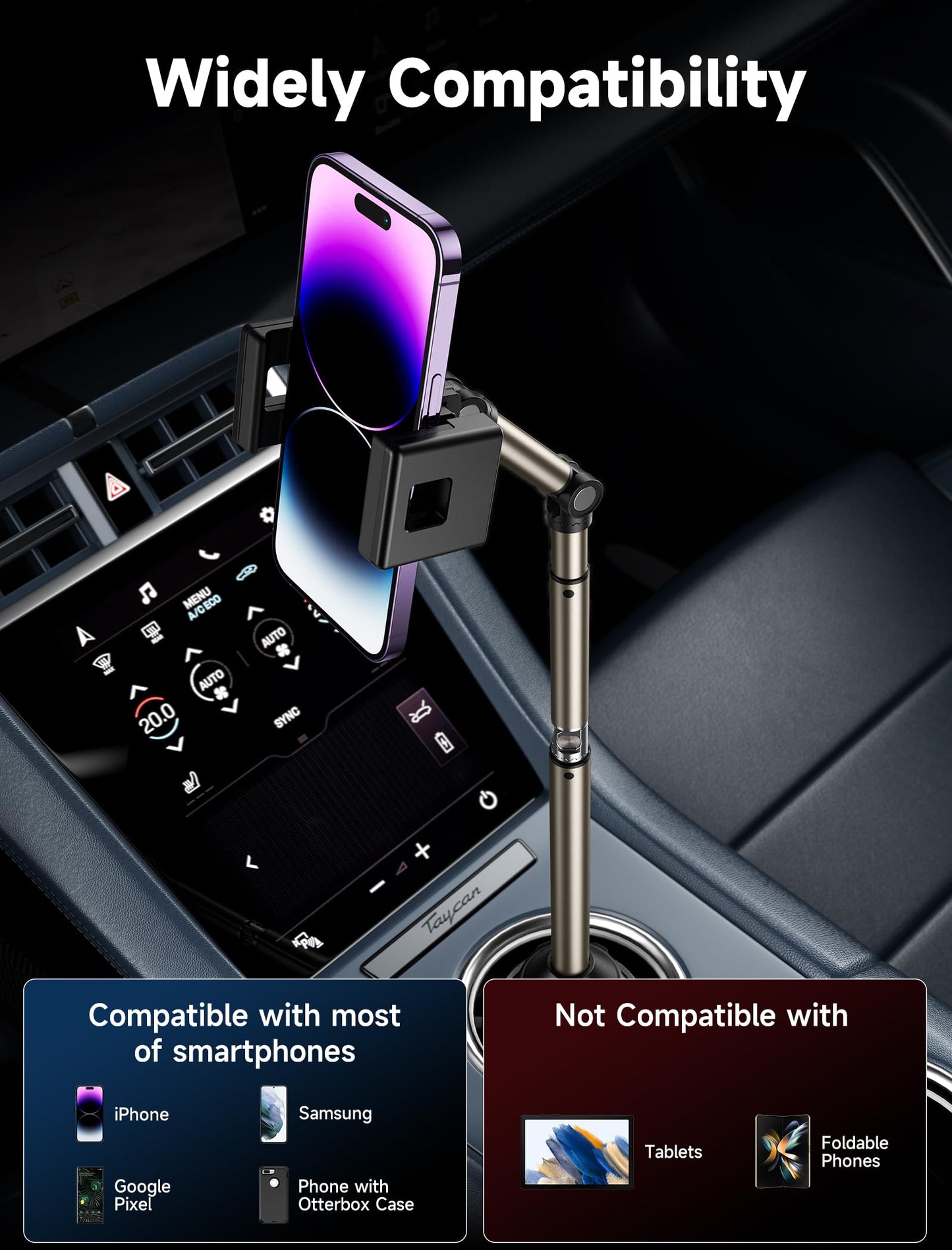 JSAUX Car Cup Holder Cellphone Mount, Metal Long-Arm Ultra Stable Phone Holder for Car Cupholders - Adjustable for iPhone 16 15 Pro Max 13 12 11, Samsung Galaxy S24 S23 Ultra, Google Pixel 9 Pro