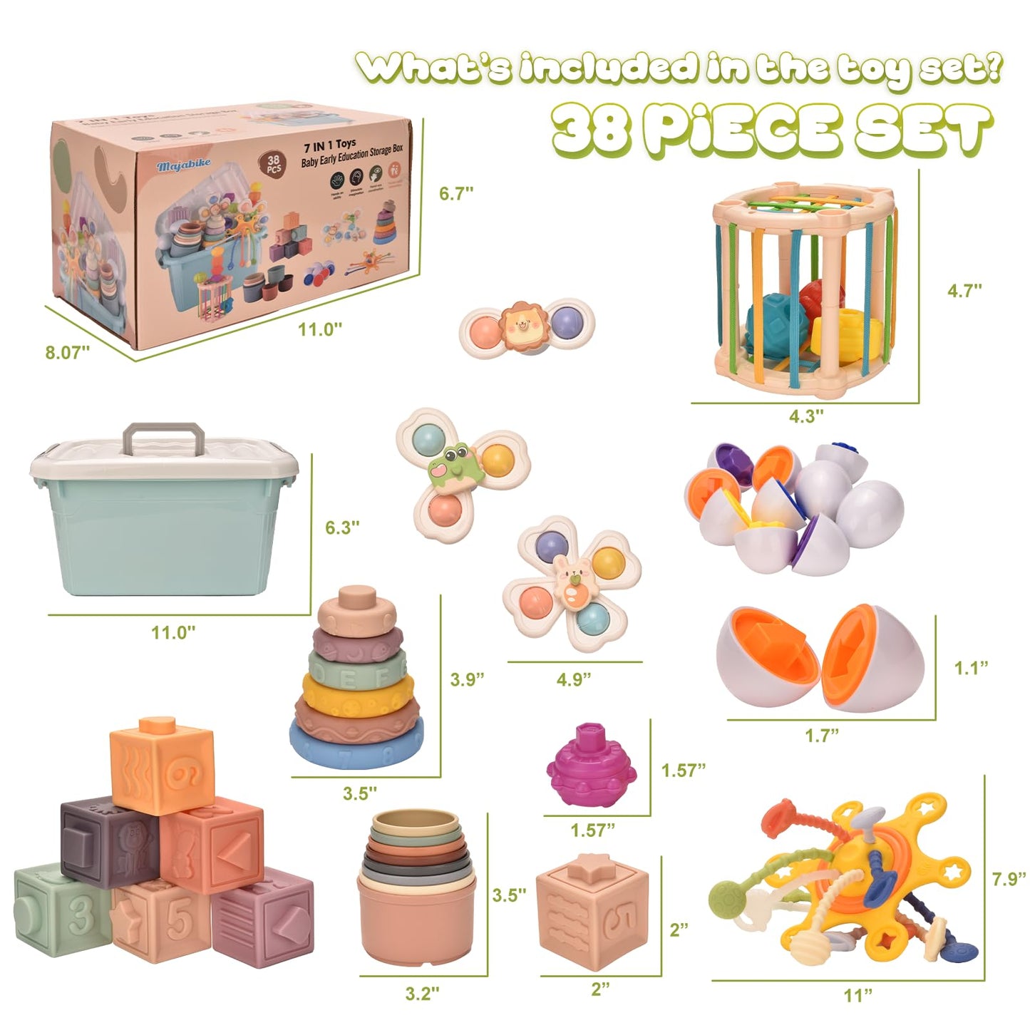 Majabike Baby Toys for 6 to 12 Months,7 in-1 Montessori Sensory Toys for Toddlers 1-3,Baby Blocks, Stacking Blocks Rings, Matching Eggs, Suction Cup Spinner,Stacking Cups, for Toddler Gift