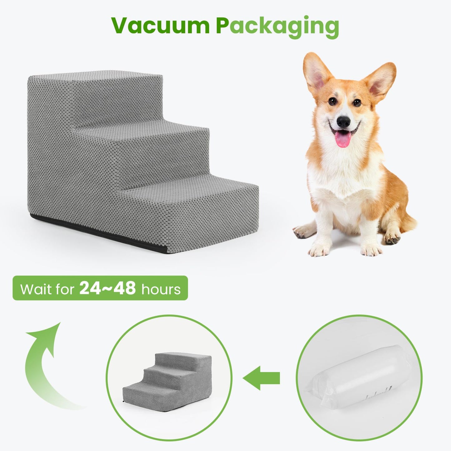 Bnonya 3 Tiers Dog Stairs for Small Dogs, Pet Stairs for Couch and High Bed, Soft Foam Dog Steps with Removable Washable Cover for Injured Dogs, Short-Legged Dogs and Older Pets Dogs, Grey