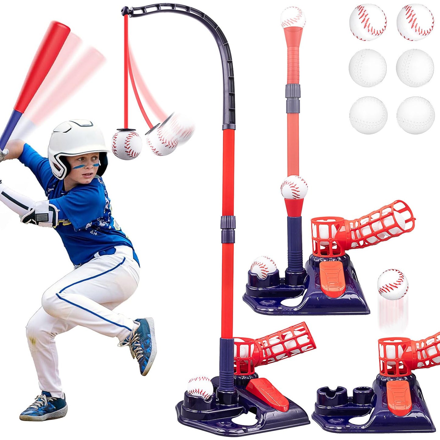 3-in-1 Tee Ball Set for Kids, Height Adjustable Baseball Set with Auto Pitching Machine/T Ball Stand/Hanging Tee/Retractable Bat/6 Softballs, Indoor Outdoor Sports Toys for Boys Girls