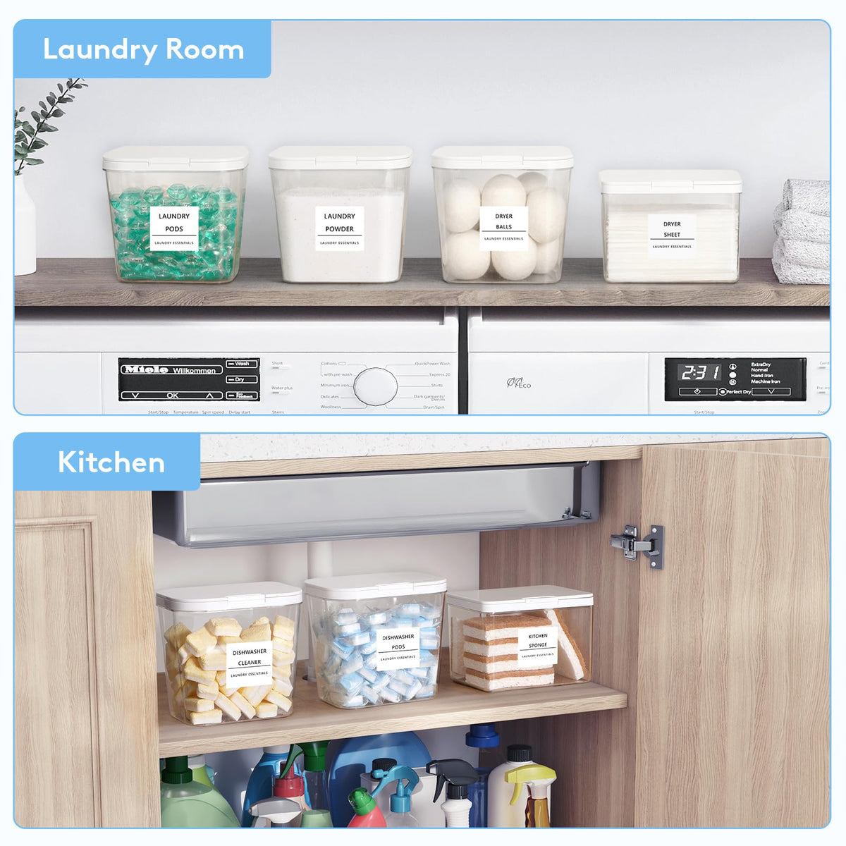 Lifewit 3 Pack Laundry Pods container & Dryer Sheet Holder Sets, Laundry Powder Container with press-to-open Lid, Laundry Room Organization and Storage for Bead, Scent Booster with Labels and Spoons