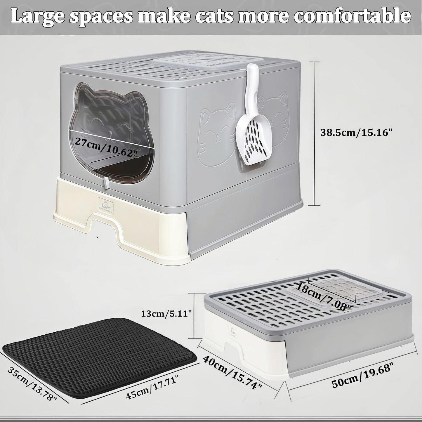 HelloMiao Enclosed Cat Litter Box with Stainless Steel Drawer & Lid - Extra Large, Leak-Proof and Odor-Control Covered Design Litter Tray or Indoor Cats, Includes Litter Scoop & Mat