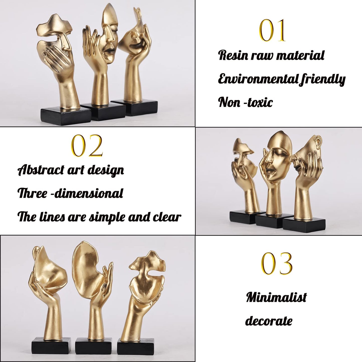 oliruim 3 Pcs Thinker Small Statue Set - Black Gold Abstract Art Figurines Home Living Room Aesthetic Decor Floating Shelf Coffee Table Office Desk Bathroom Counter Decor (3 PCS Gold)