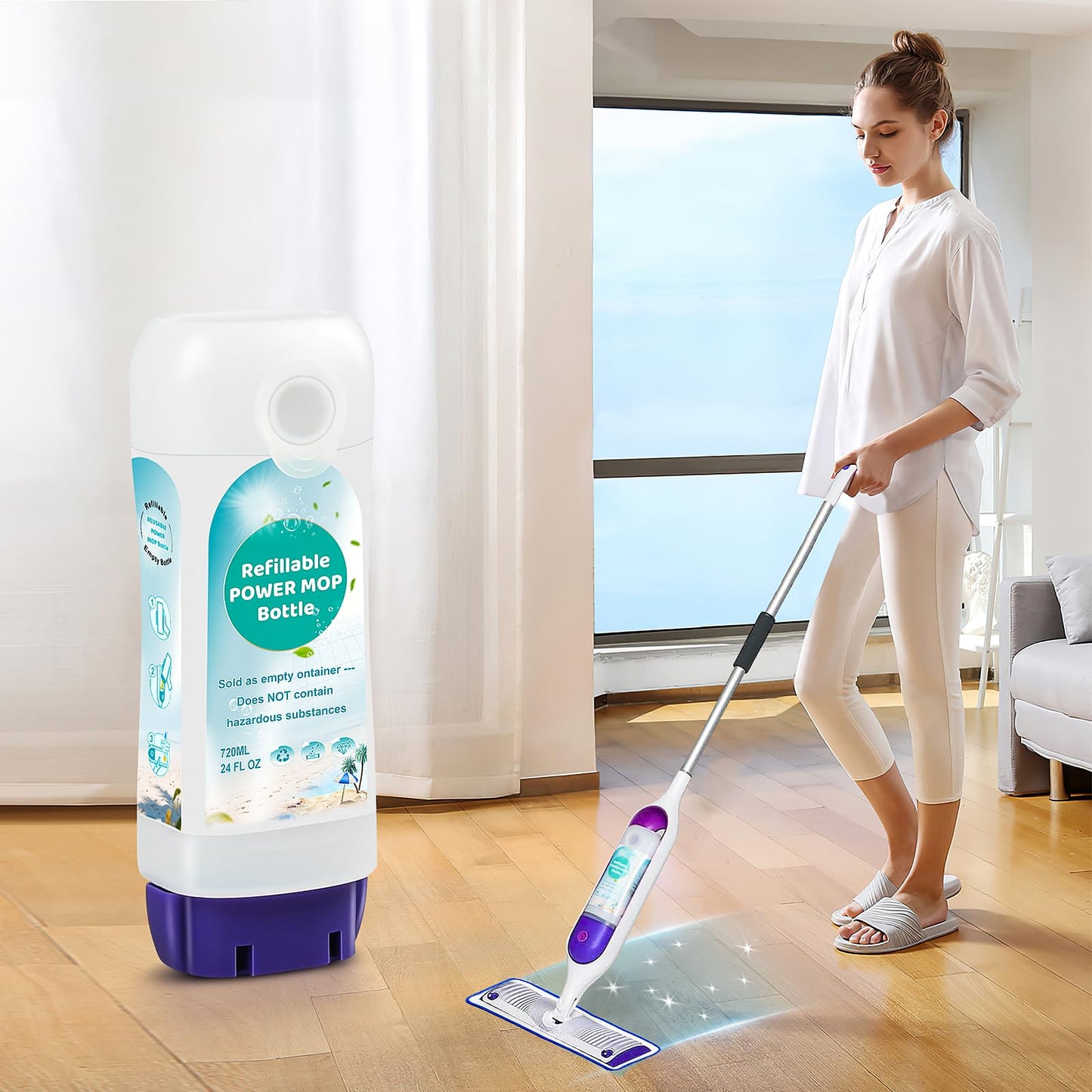 Refillable Bottle for Swiffer Power Mop - 720 ML/24 FL OZ - Leak-Proof HDPE Material Solution Bottle, 1 Empty Bottle + 6 Silicone Pads + 1 Foldable Funnel