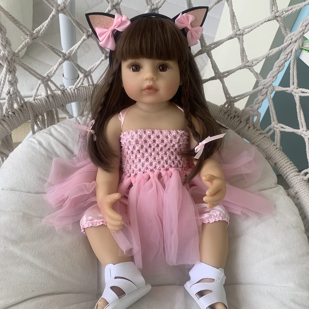 Wamdoll 22 inch 55CM Realistic Sweet Face Real Baby Size Reborn Toddler Newborn Girl Doll Crafted in Silicone Vinyl Full Body Children Birthday, Pink Yarn Skirt
