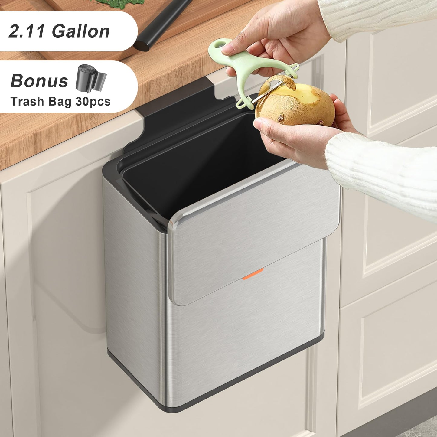 Mbillion Compost Bin Hanging Trash Can with Lid 2.1 Gallon Stainless Steel Garbage Can for Kitchen Cabinet Door Mounted Trash Can Under Sink Door RV & Bathroom, Brushed Silver